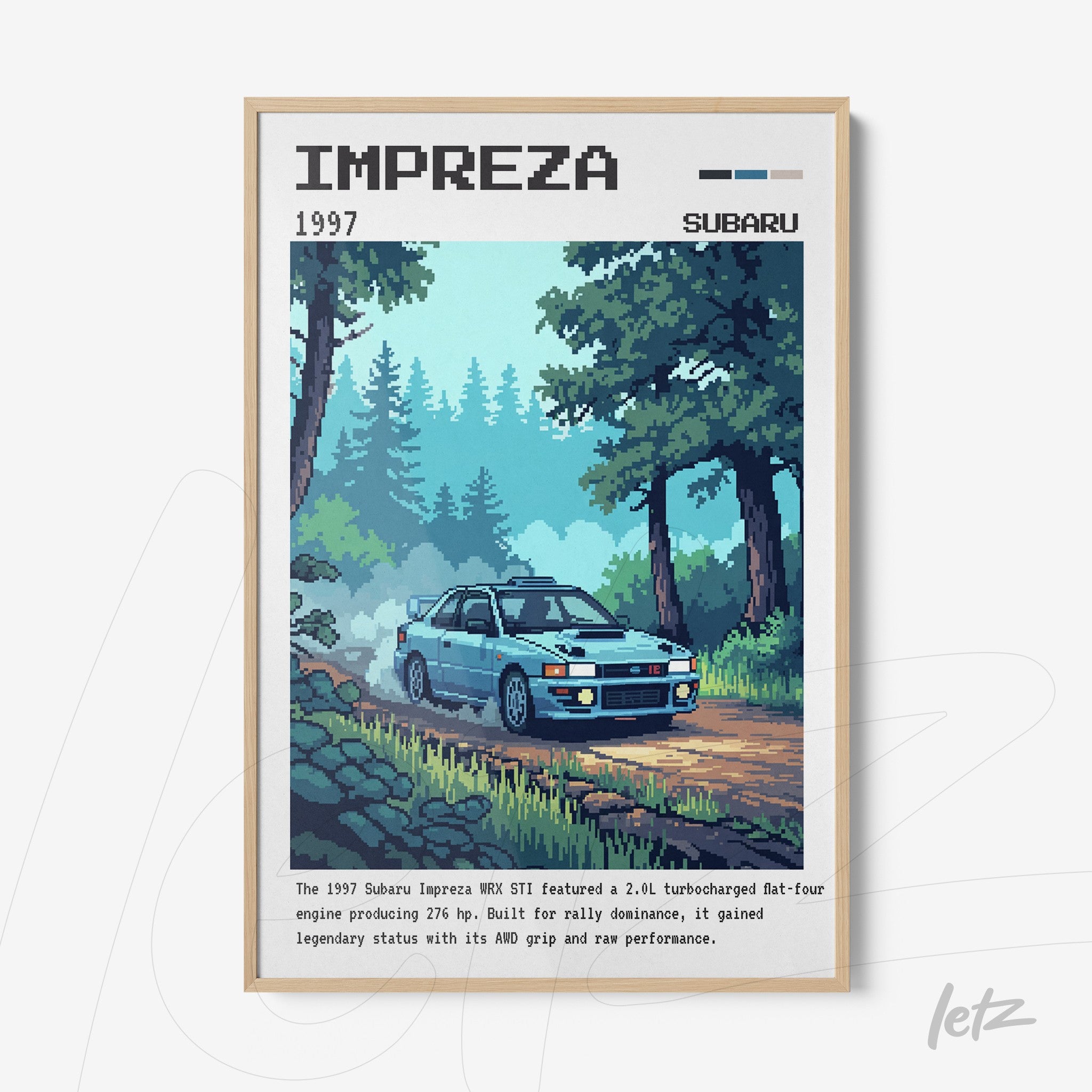 quadro emoldurado com arte pixelada de um Subaru Impreza WRX STI na floresta, destacando a paisagem verde e o carro azul em movimento