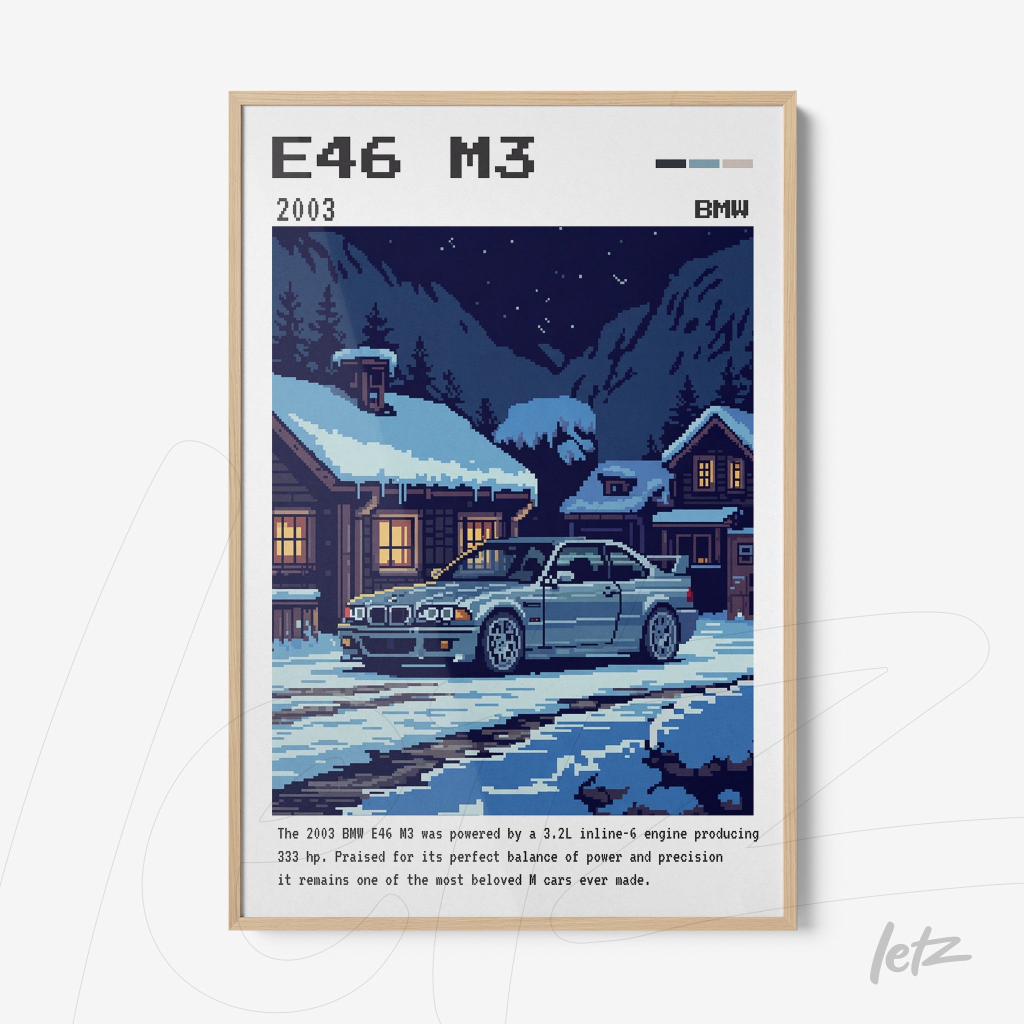 quadro em estilo pixel art do carro BMW E46 M3 em uma paisagem de inverno com montanhas e casas no fundo