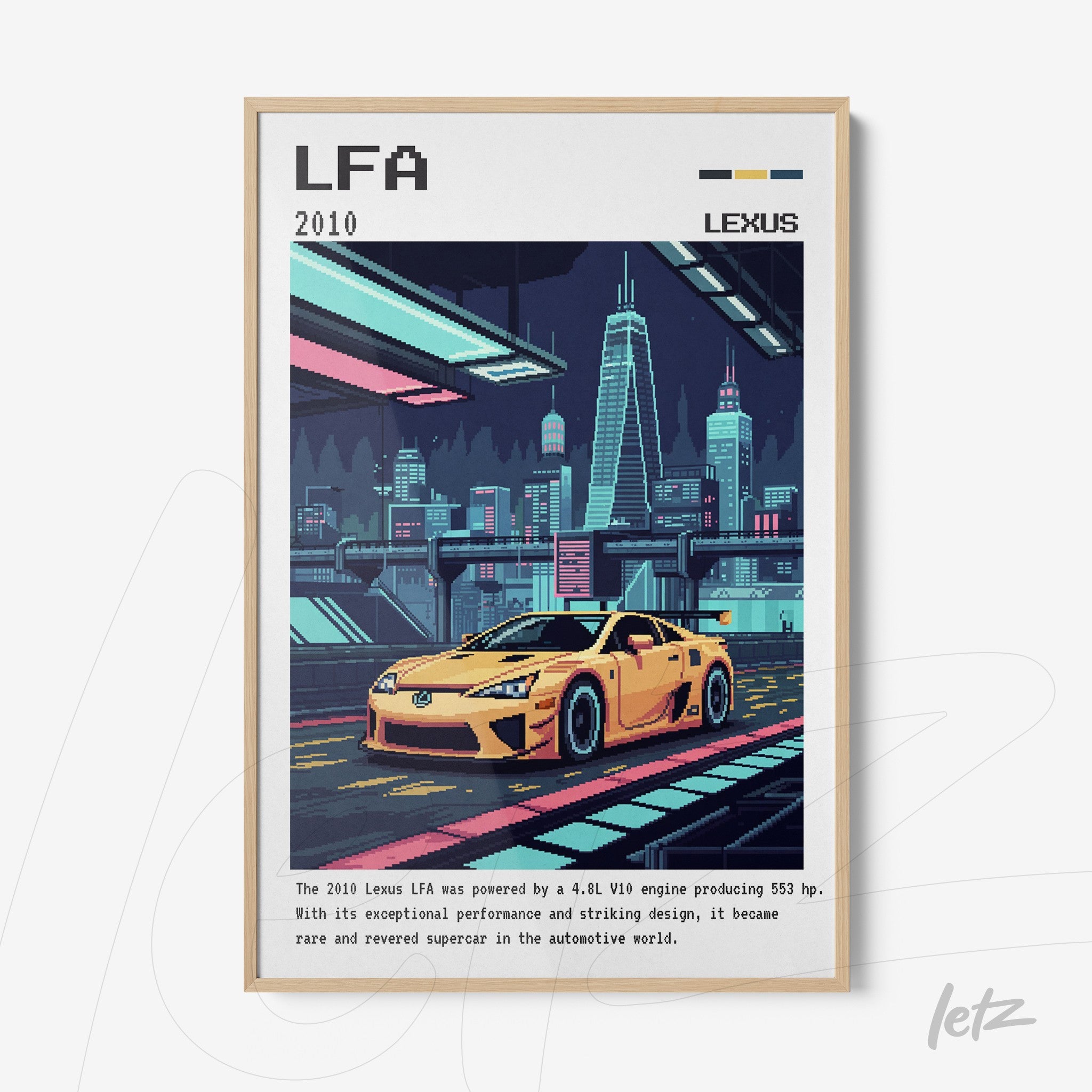 quadro com arte digital de um carro esportivo amarelo em uma cidade futurista, moldura clara