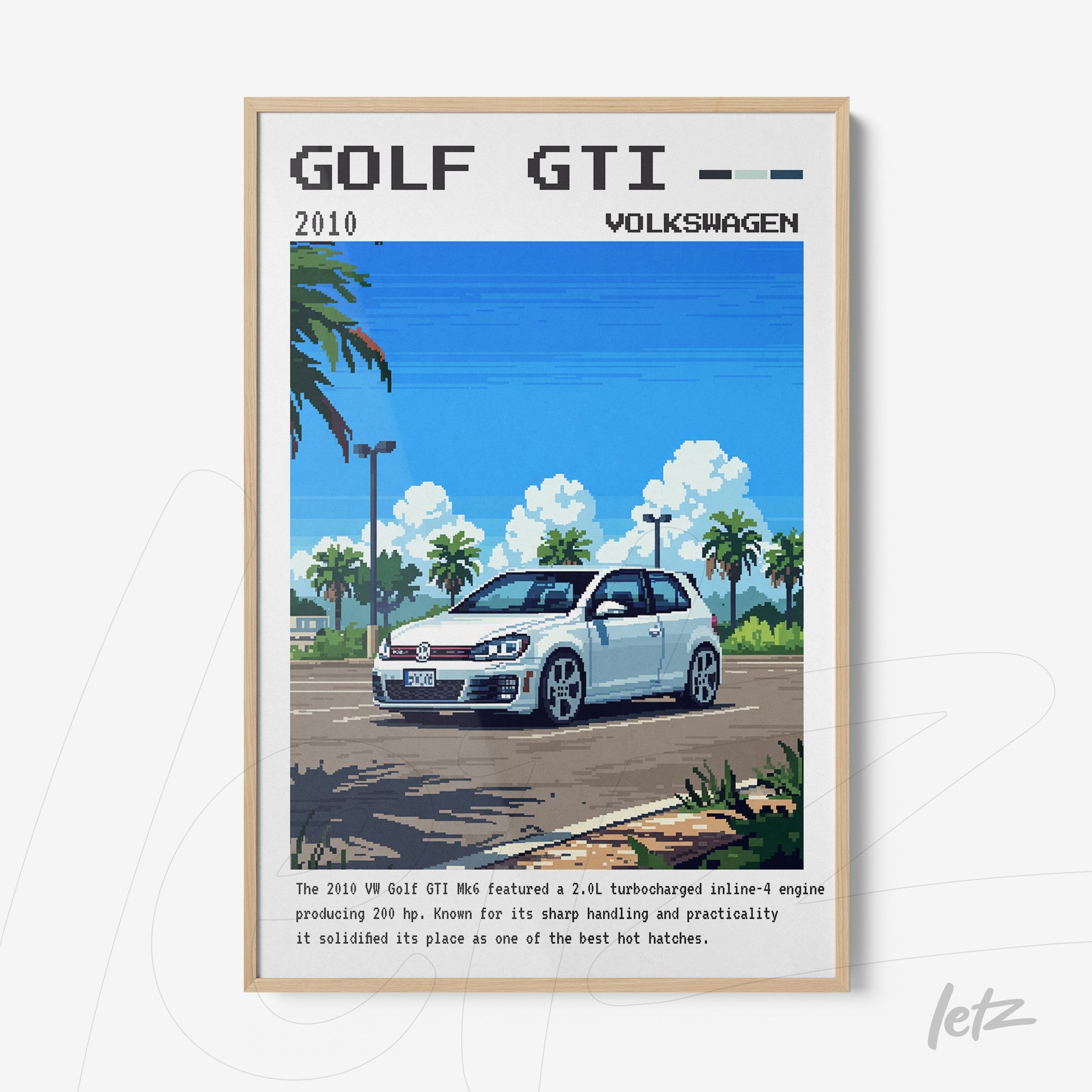 quadro em estilo pixel art mostrando um Volkswagen Golf GTI 2010 em um cenário externo com céu azul