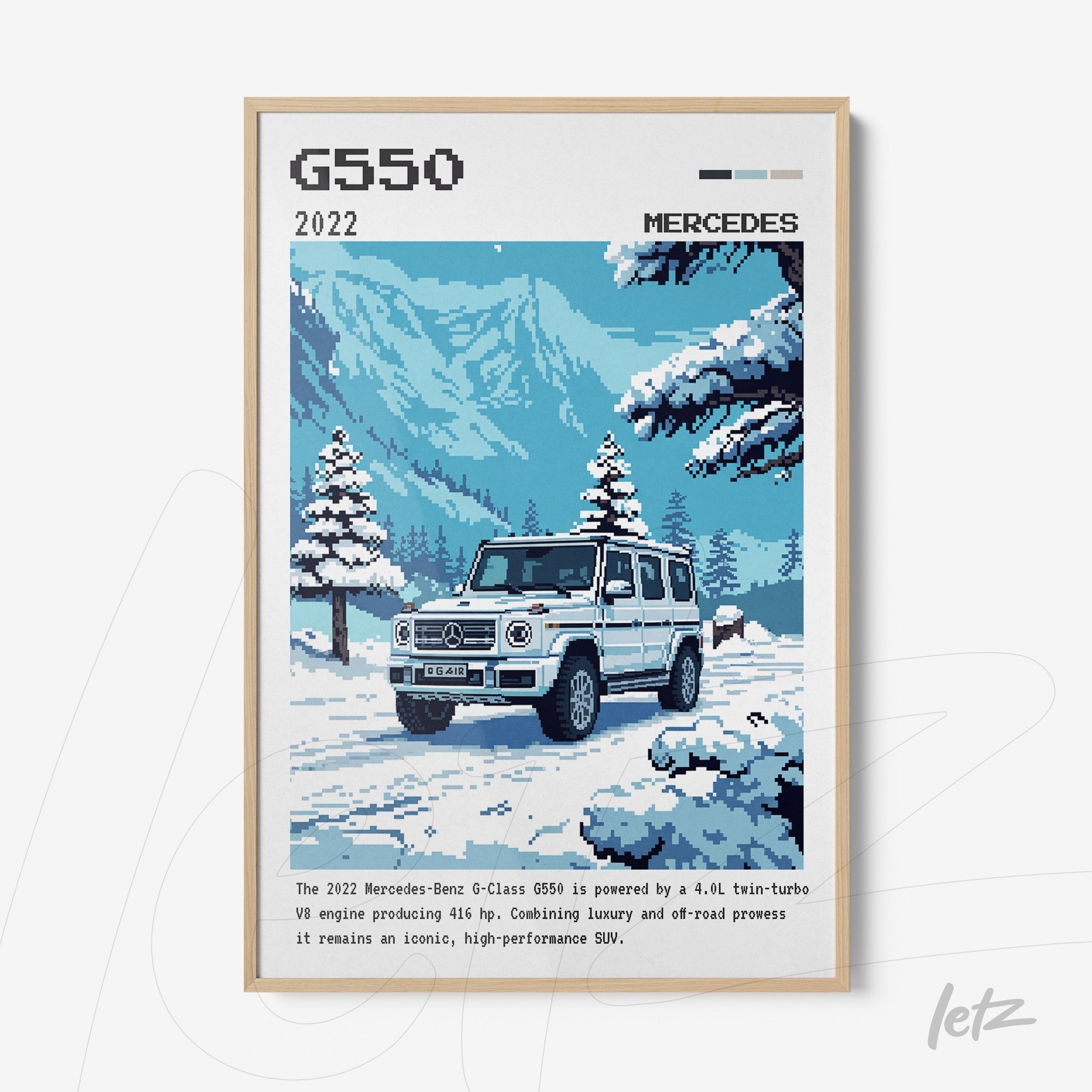 quadro com ilustração digital do modelo Mercedes-Benz G-Class G550 2022 em uma paisagem de montanha nevada com moldura clara