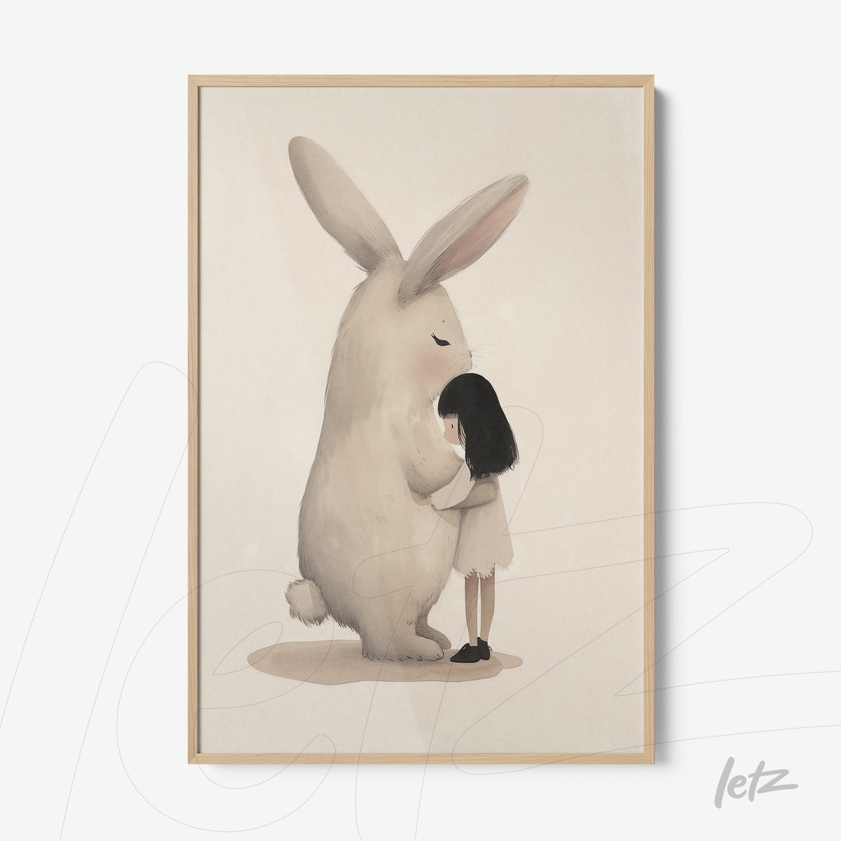 quadro com ilustração suave de uma menina abraçando um coelho gigante, moldura de madeira clara