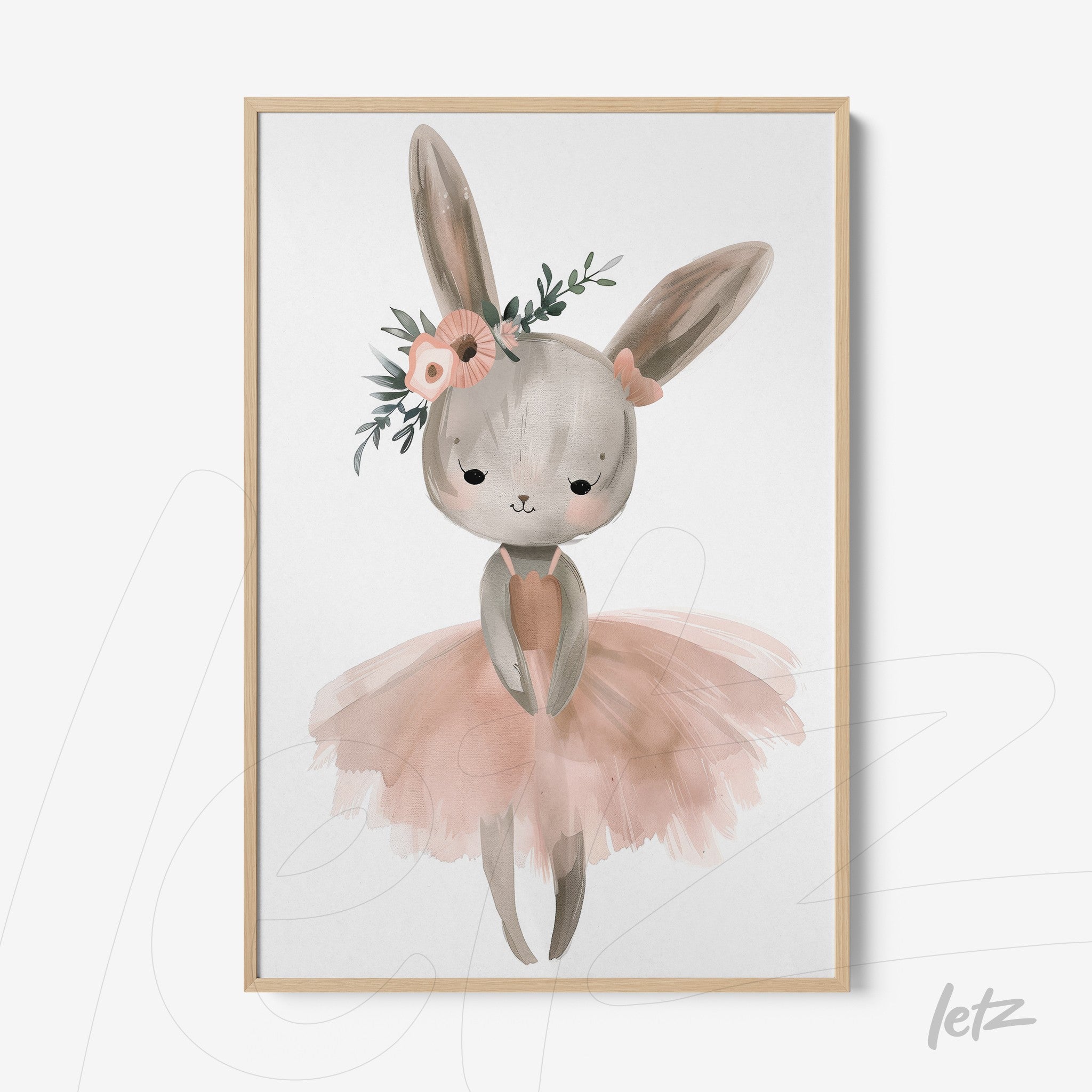quadro com ilustração delicada de coelho ballerina com tutu rosa e flores na cabeça em moldura de madeira clara