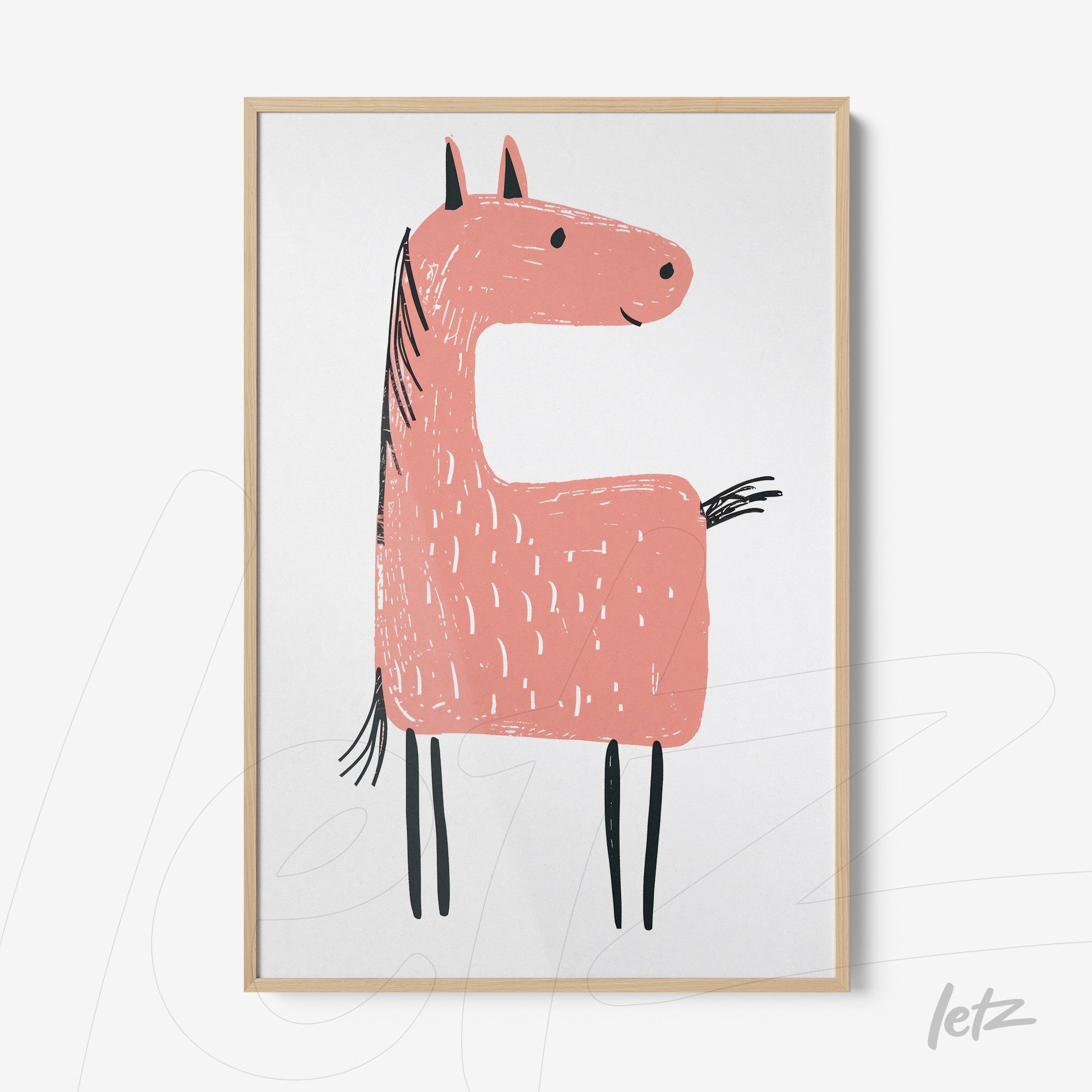 quadro decorativo de ilustração minimalista de cavalo rosa em moldura de madeira clara