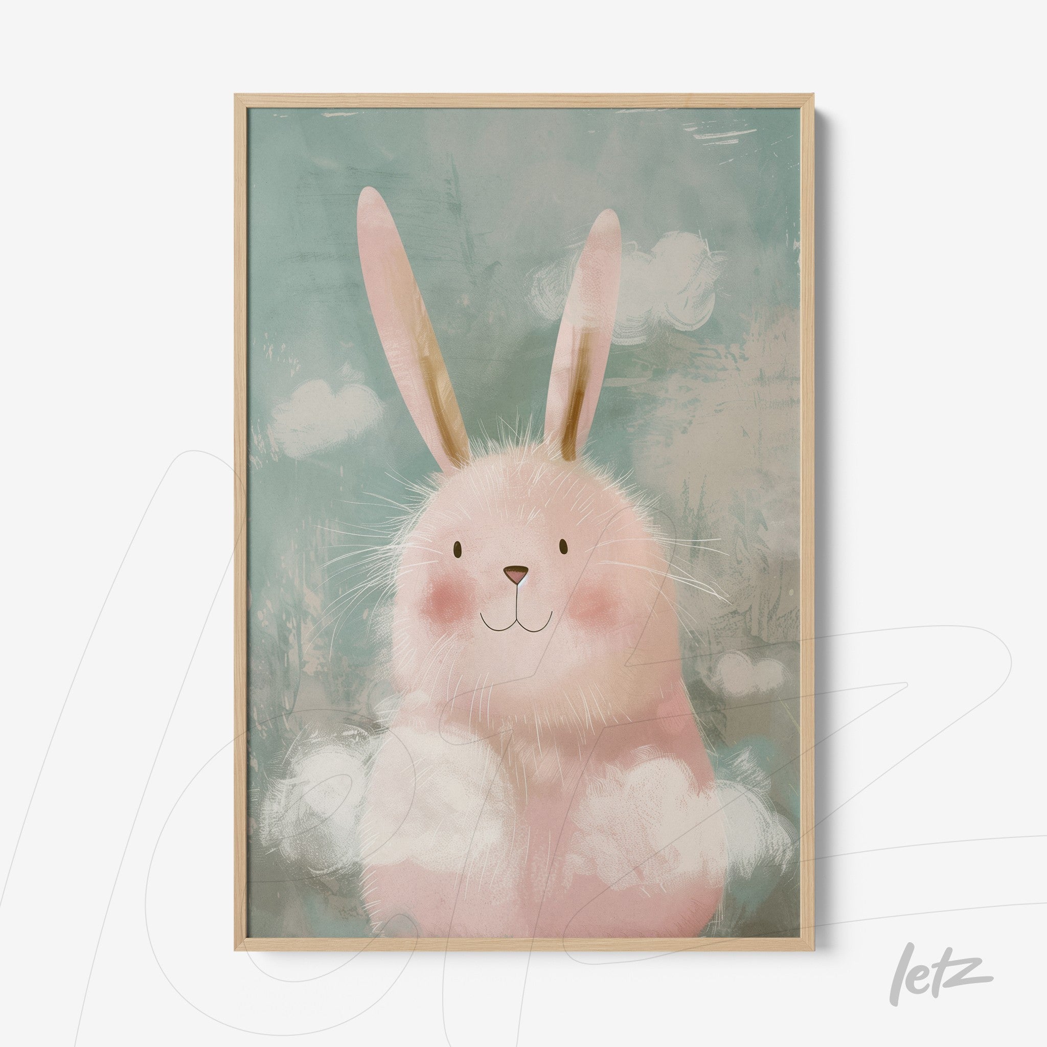 quadro com arte digital de coelho cor-de-rosa com fundo azul e nuvens brancas em moldura de madeira clara