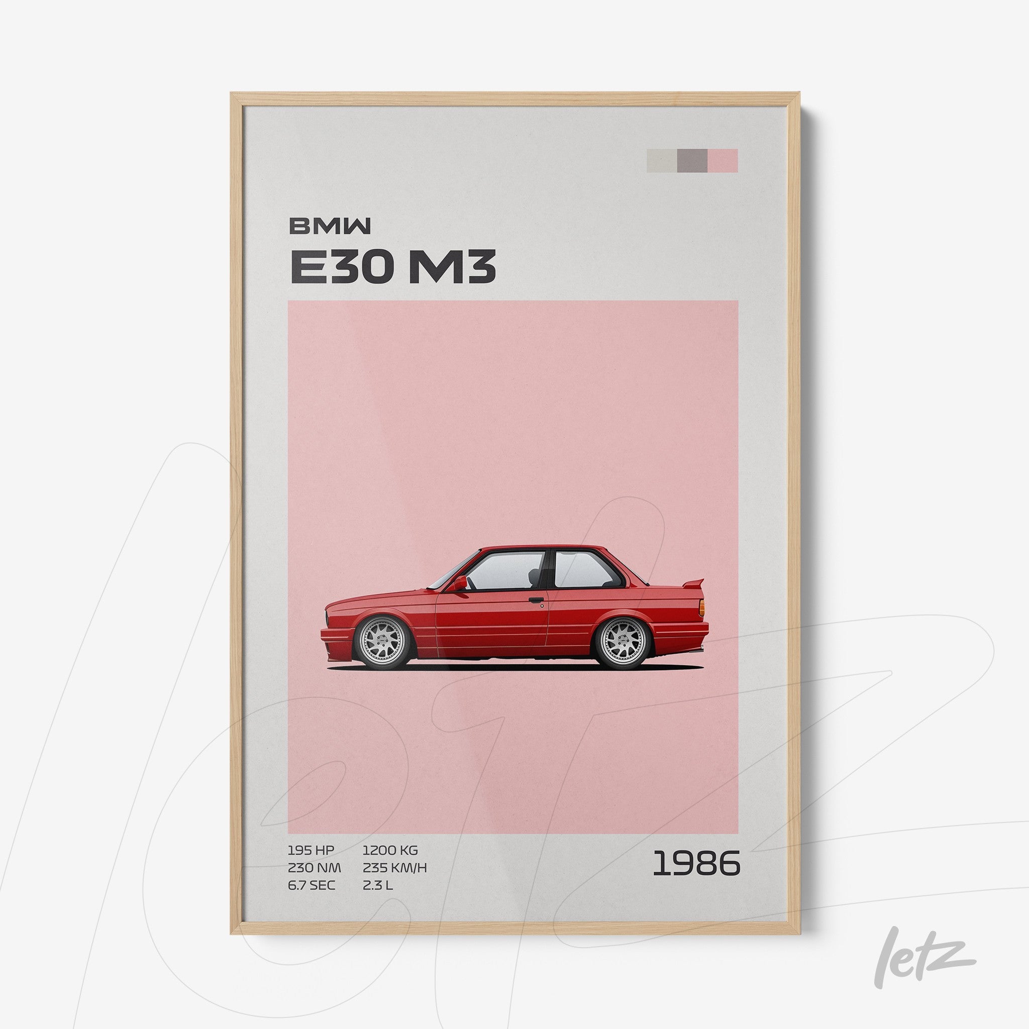 quadro decorativo com a ilustração do carro BMW E30 M3 em fundo rosa com moldura de madeira clara