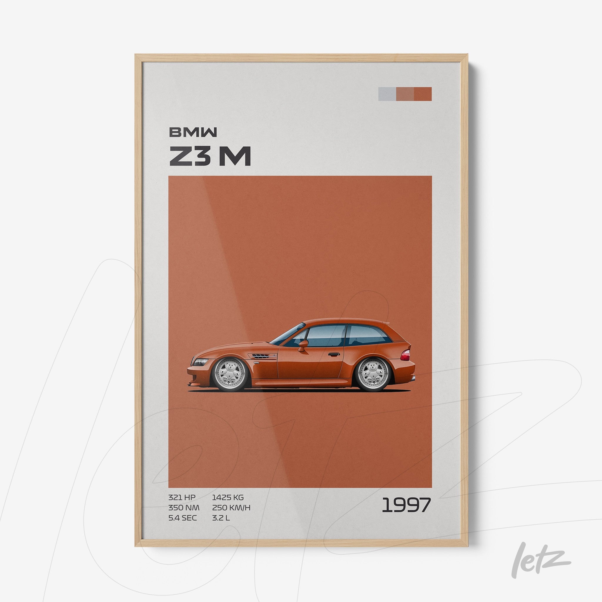 quadro com ilustração estilizada do carro BMW Z3M de 1997 em moldura de madeira clara