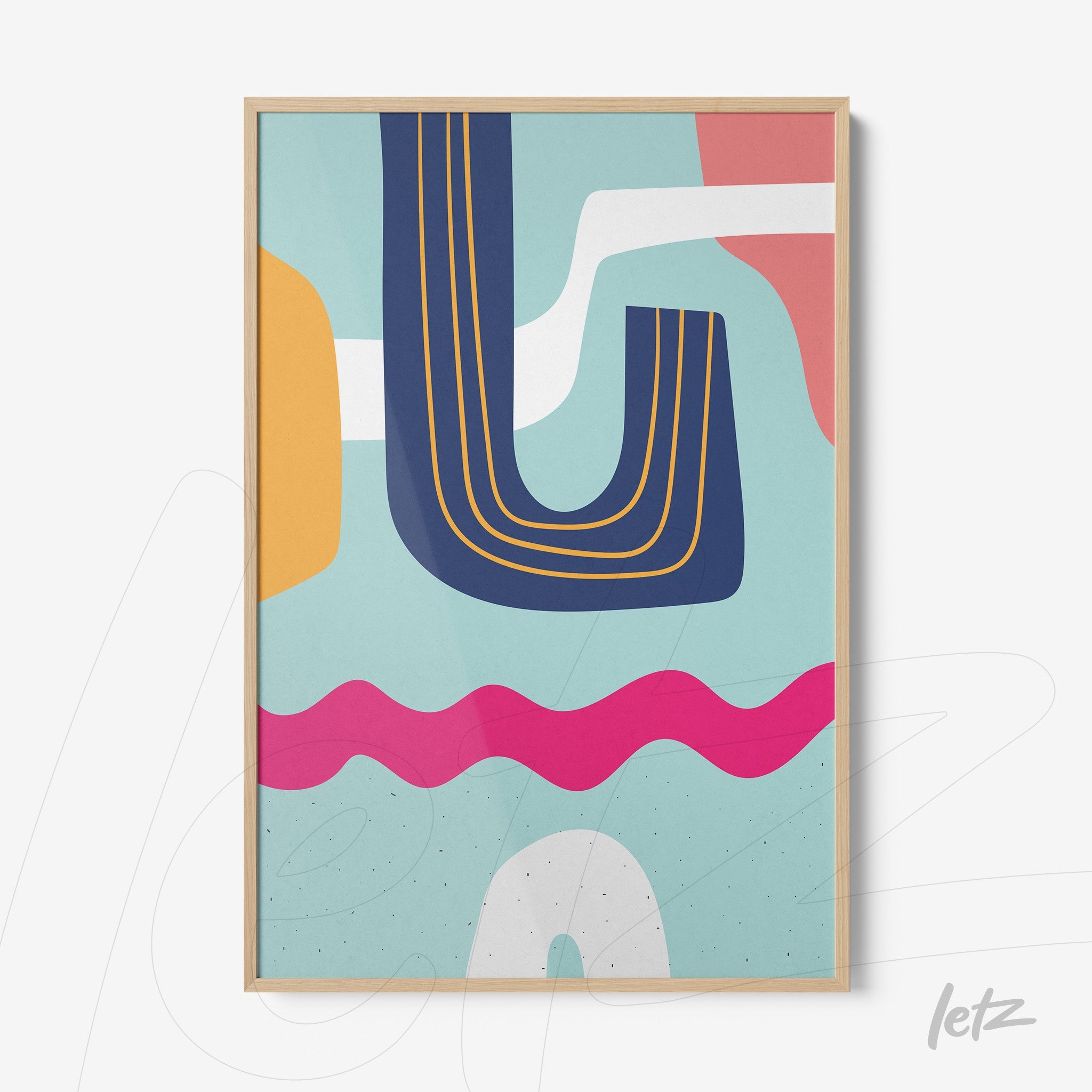 ```json
{
"alt": "quadro boho moderno com formas orgânicas em tons vibrantes emoldurado com filete de vidro e moldura natural",
"alt_en": "modern boho wall art with organic shapes in vibrant colors framed with natural wood and glass trim"
}
```