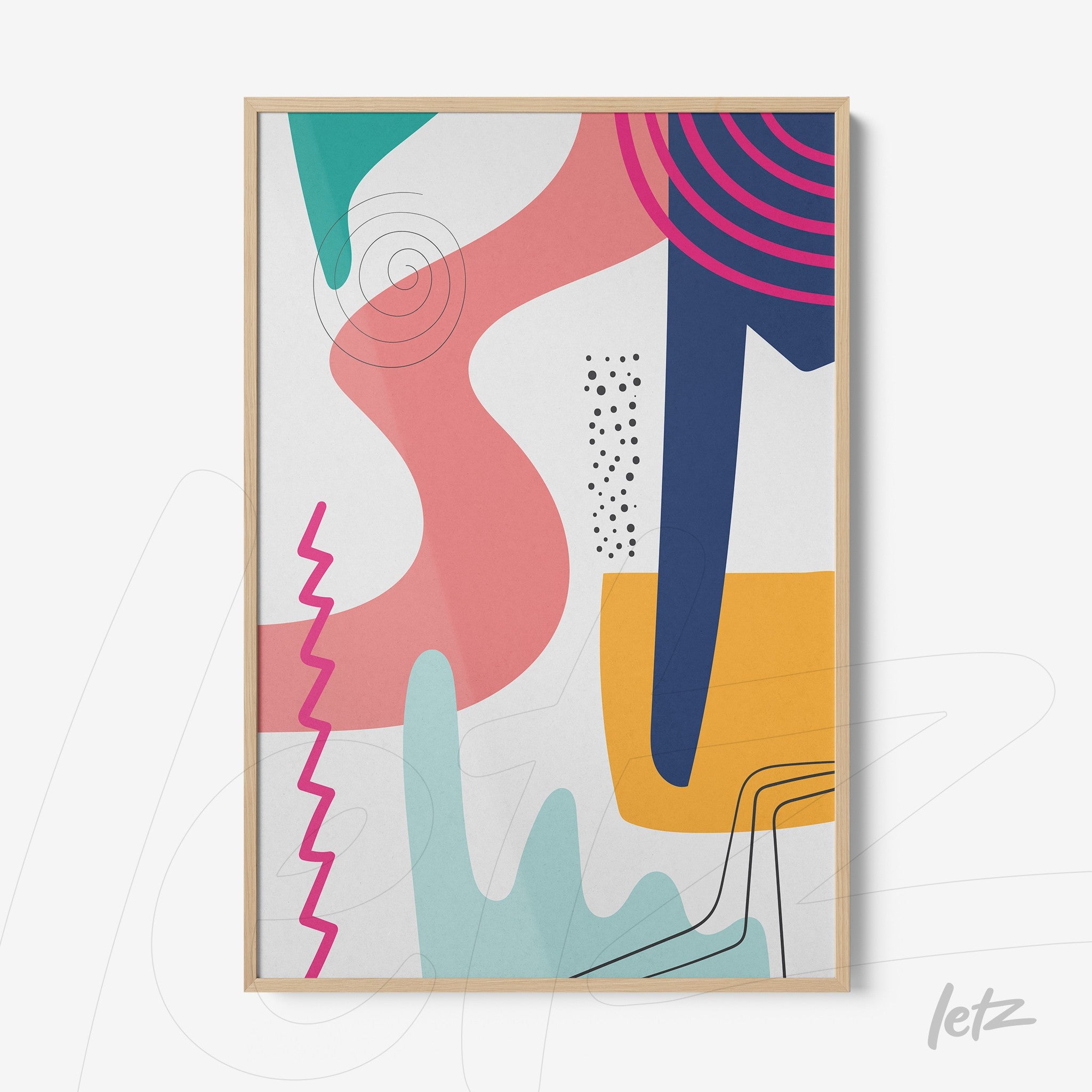 pôster impresso com arte abstrata multicolorida em moldura de madeira clara