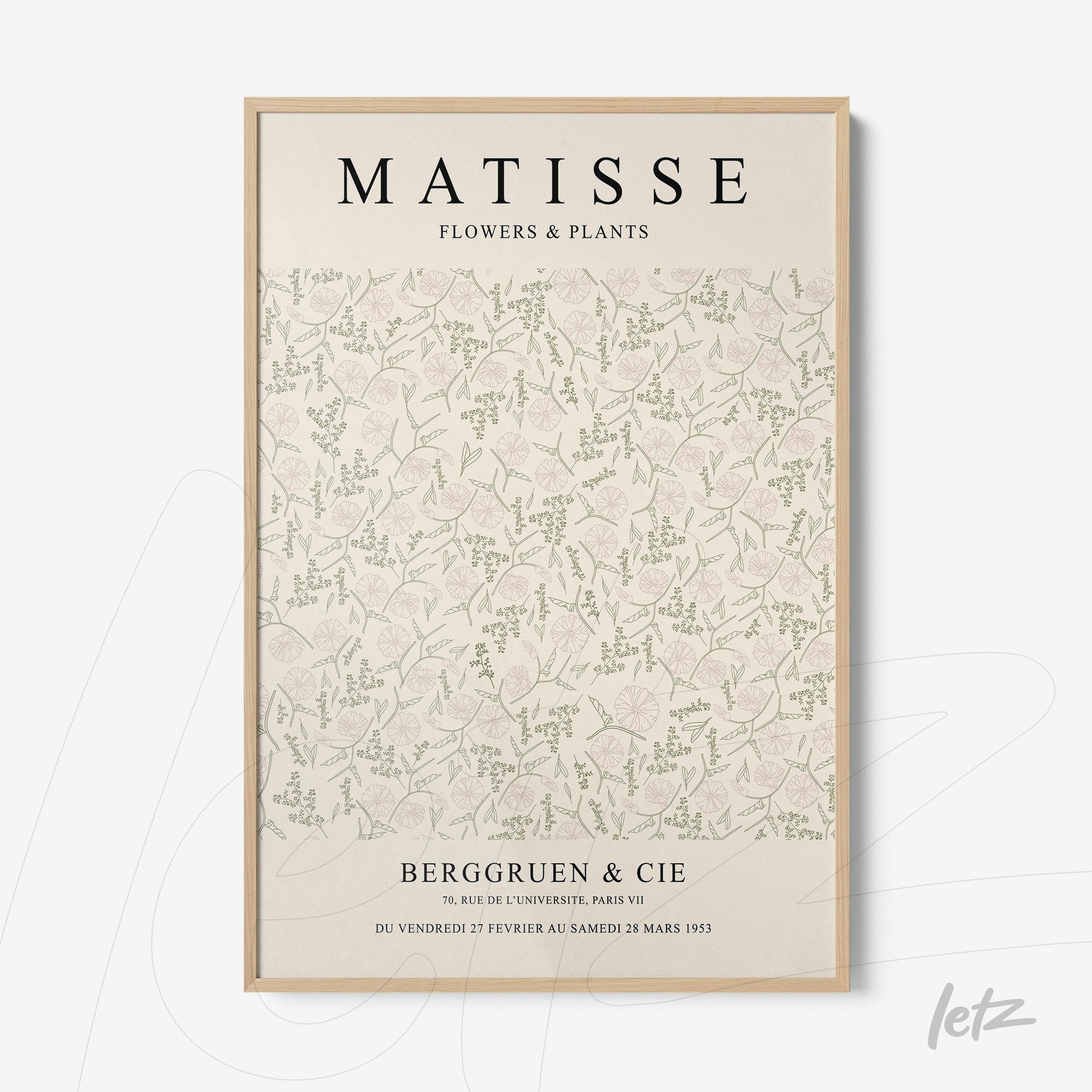 quadro com arte decorativa de flores em estilo vintage com moldura clara