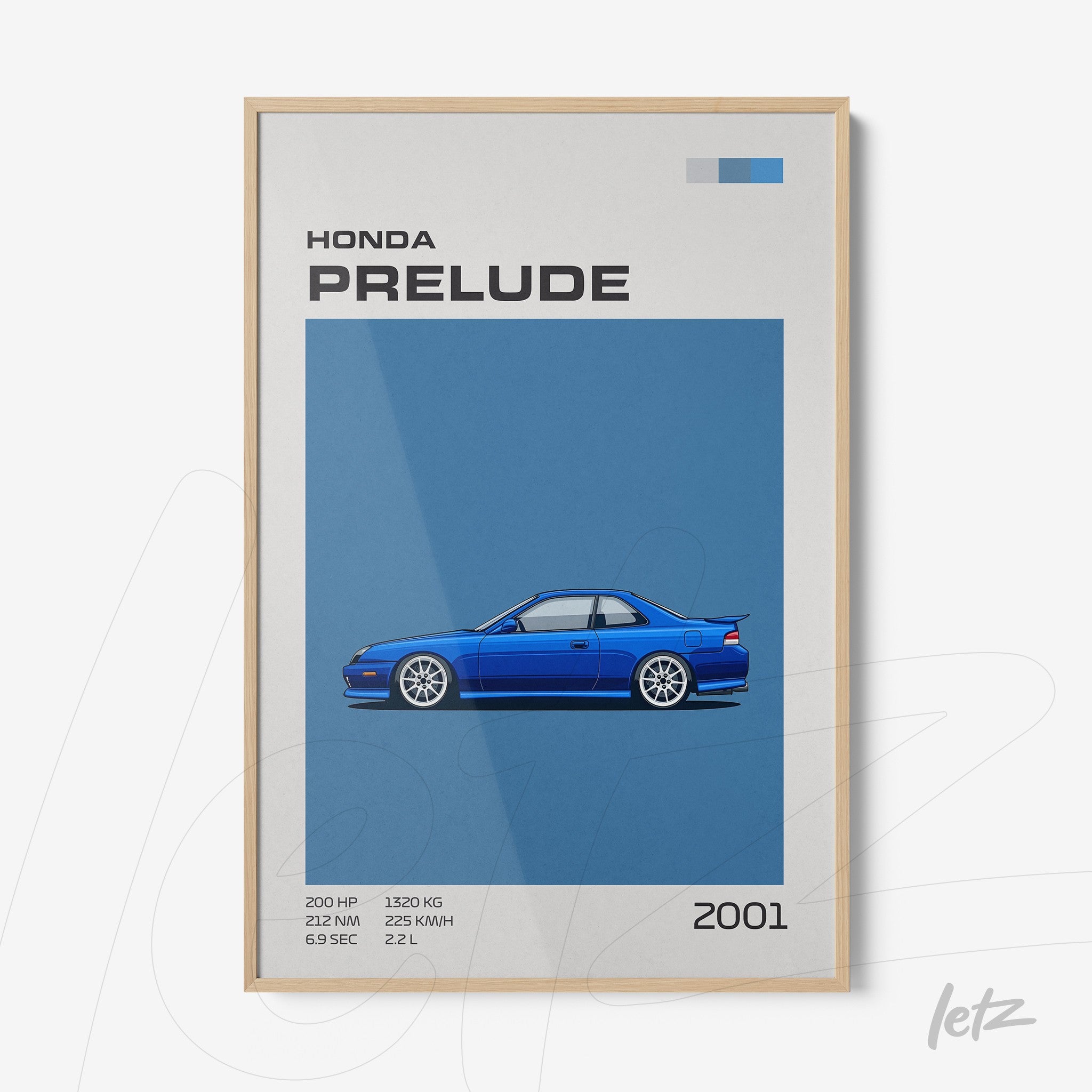 quadro com ilustração de carro Honda Prelude azul em fundo azul sólido com moldura de madeira clara