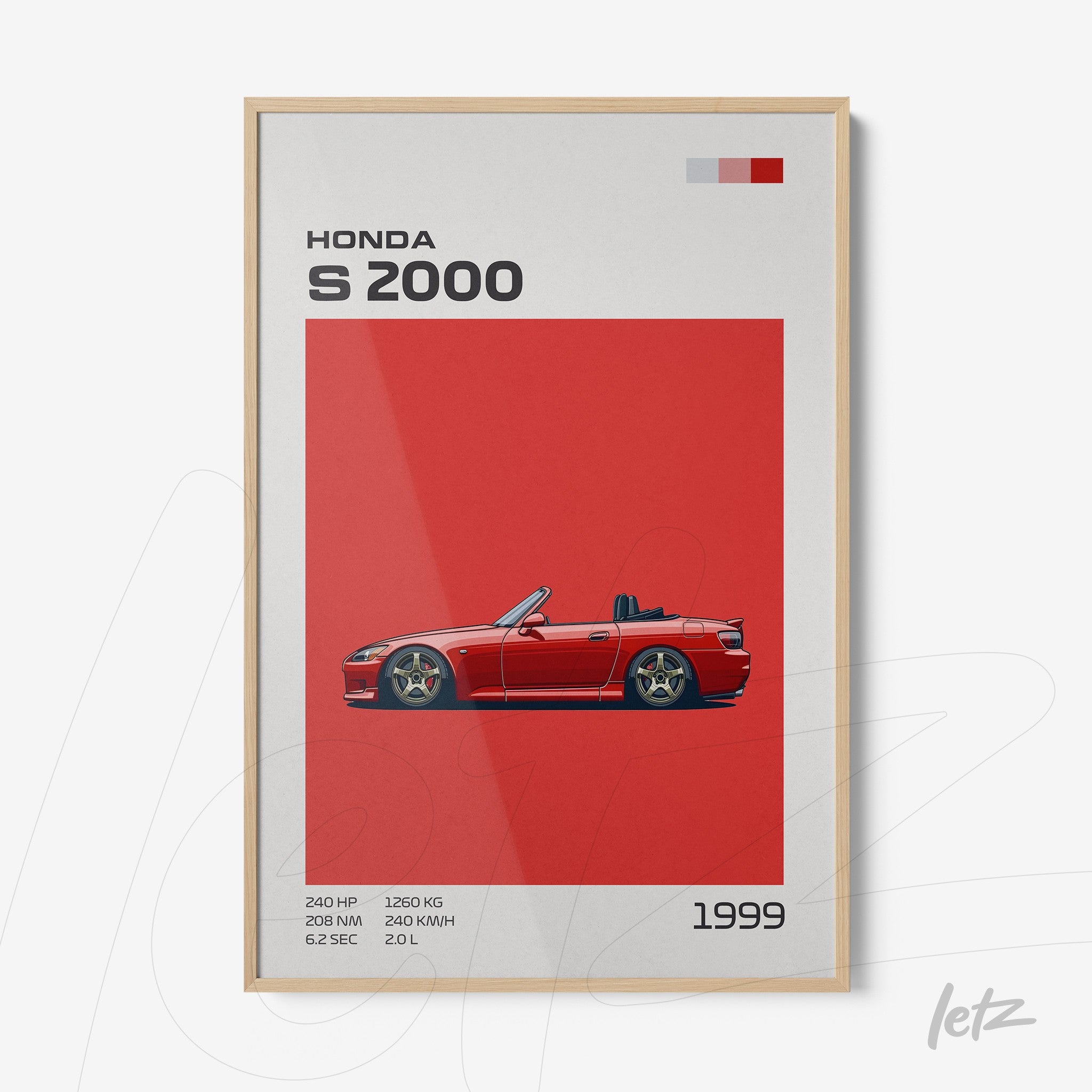 quadro com ilustração automobilística do Honda S2000 em uma moldura de madeira clara