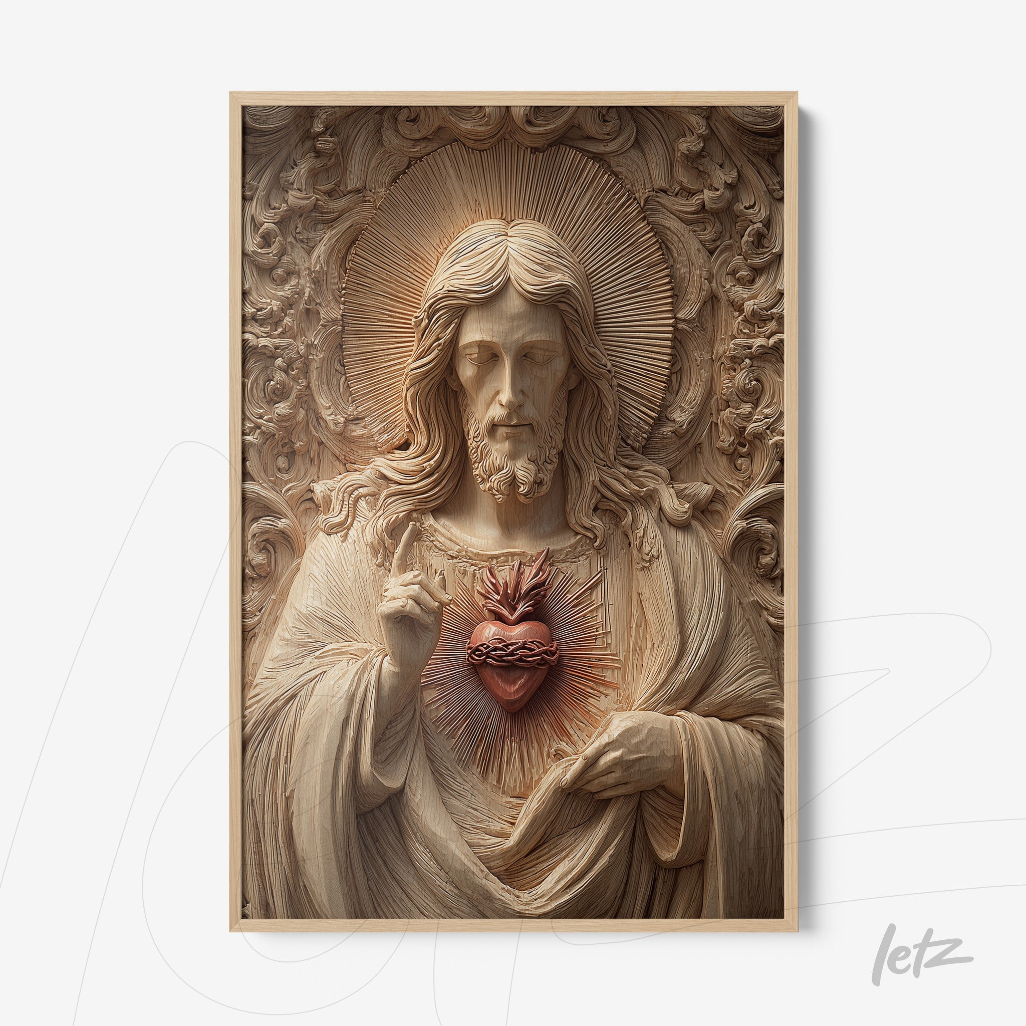 quadro em moldura clara com escultura religiosa de Jesus Cristo e o Sagrado Coração em alto-relevo