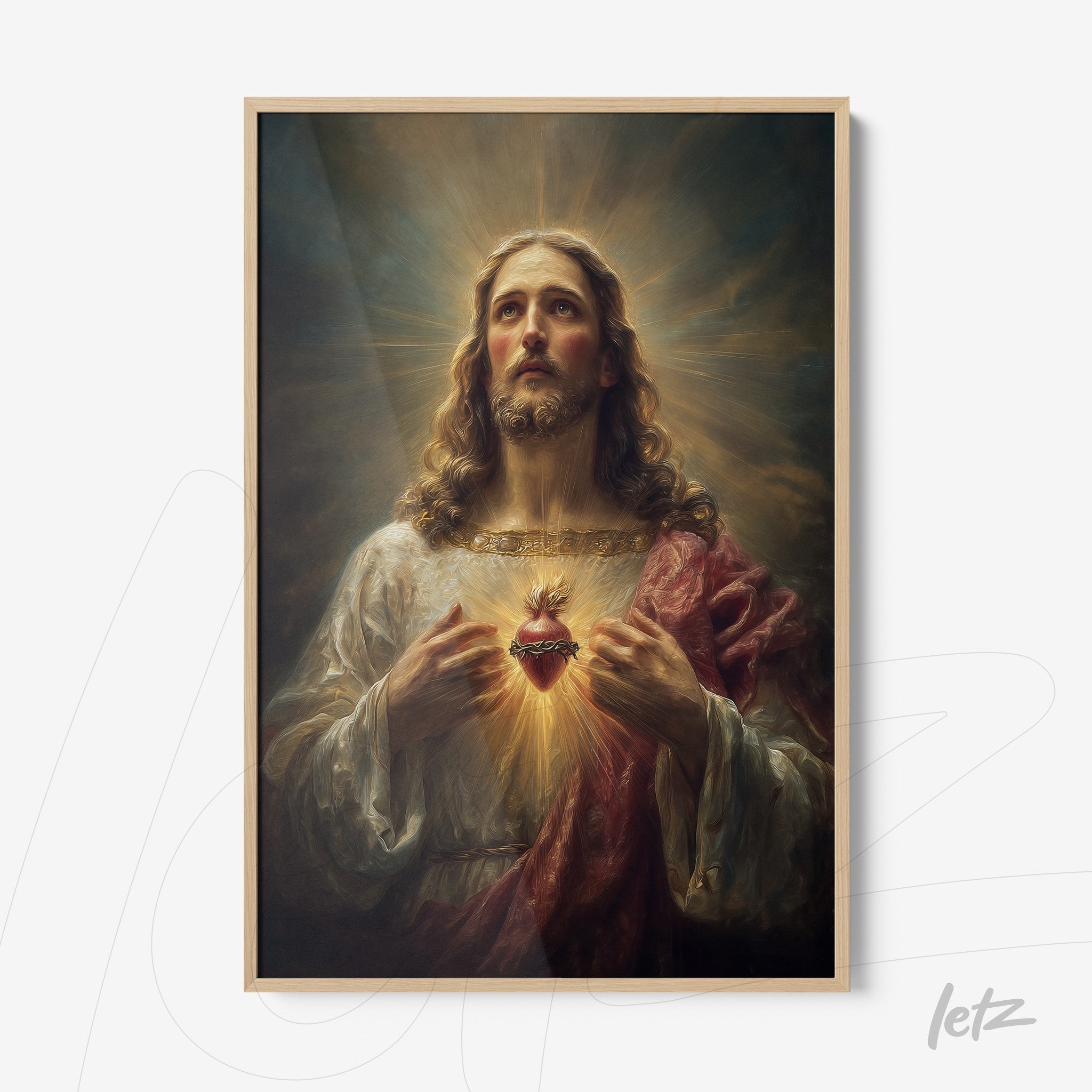 quadro com imagem clássica de Jesus Cristo em pose religiosa, com moldura clara e fundo iluminado