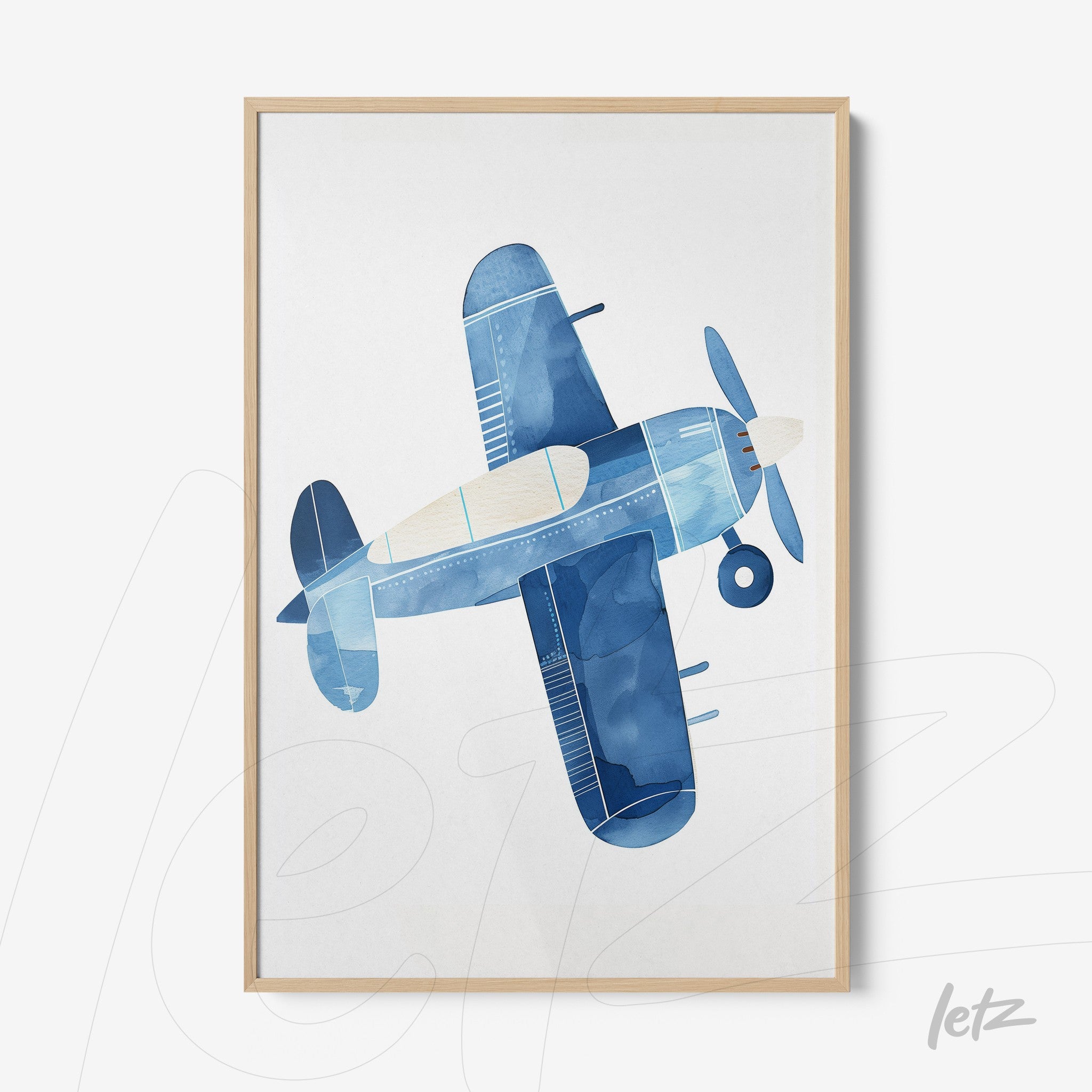 quadro com ilustração em azul de um avião visto de cima em moldura clara