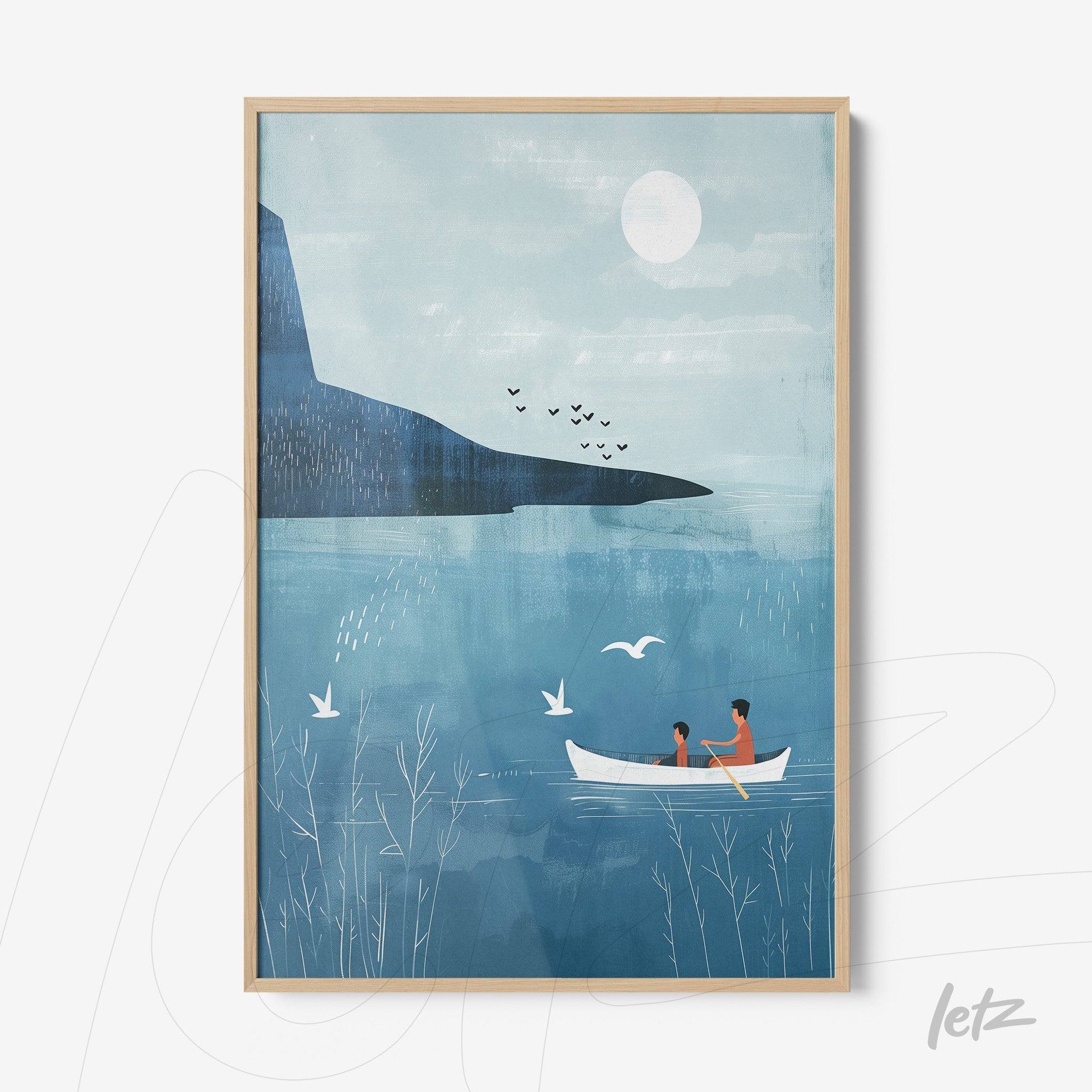 quadro com ilustração de duas pessoas em um barco em um lago com fundo azul e elementos de natureza