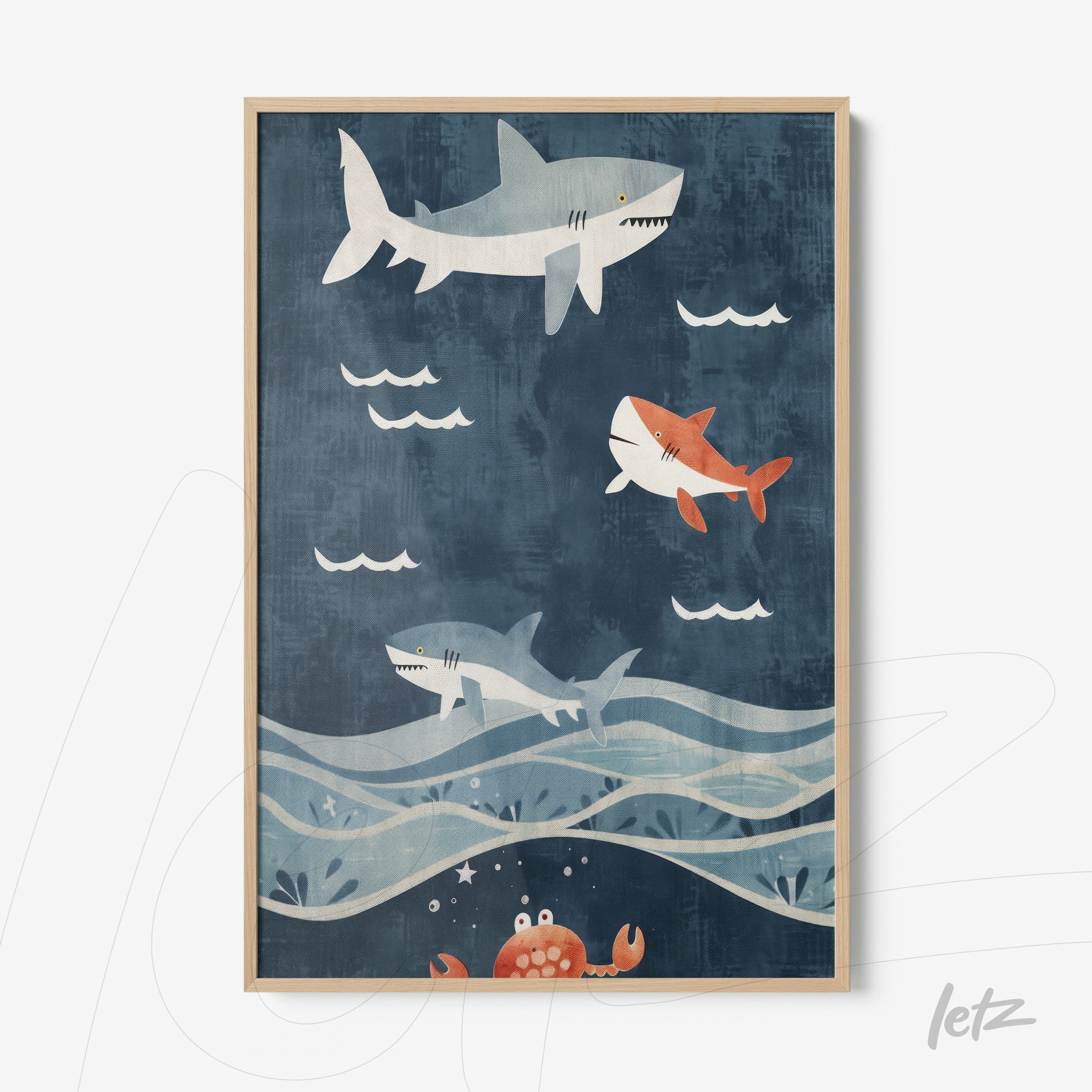 quadro com ilustrações de tubarões nadando em um fundo azul escuro, com ondas e um caranguejo na parte inferior, moldura de madeira clara