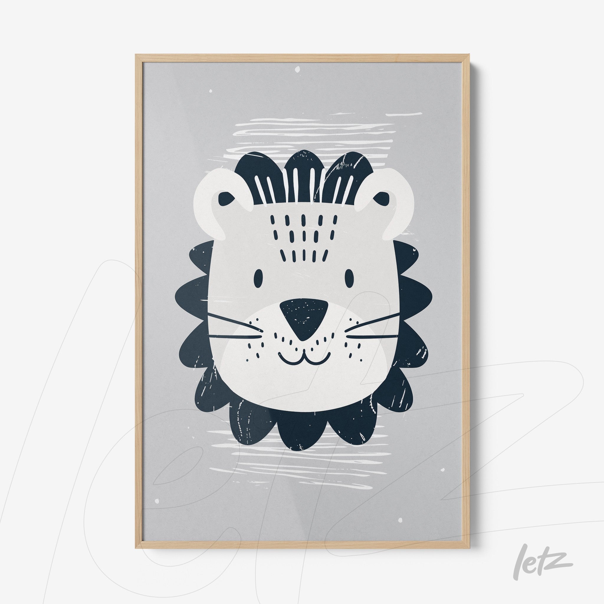 quadro com ilustração de leão em fundo cinza e moldura de madeira clara