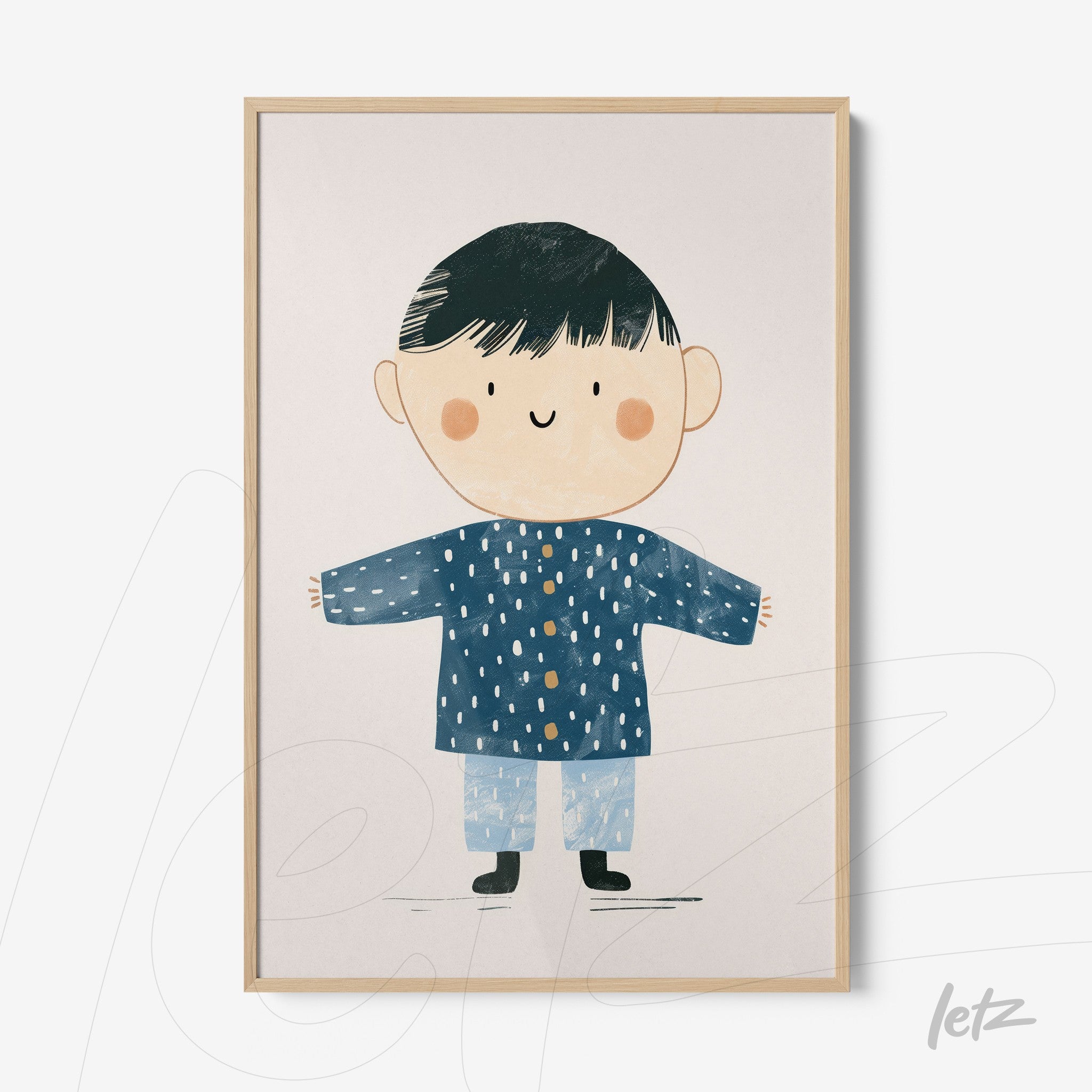 quadro com ilustração infantil de menino sorridente usando uma jaqueta azul com pontos brancos em moldura clara