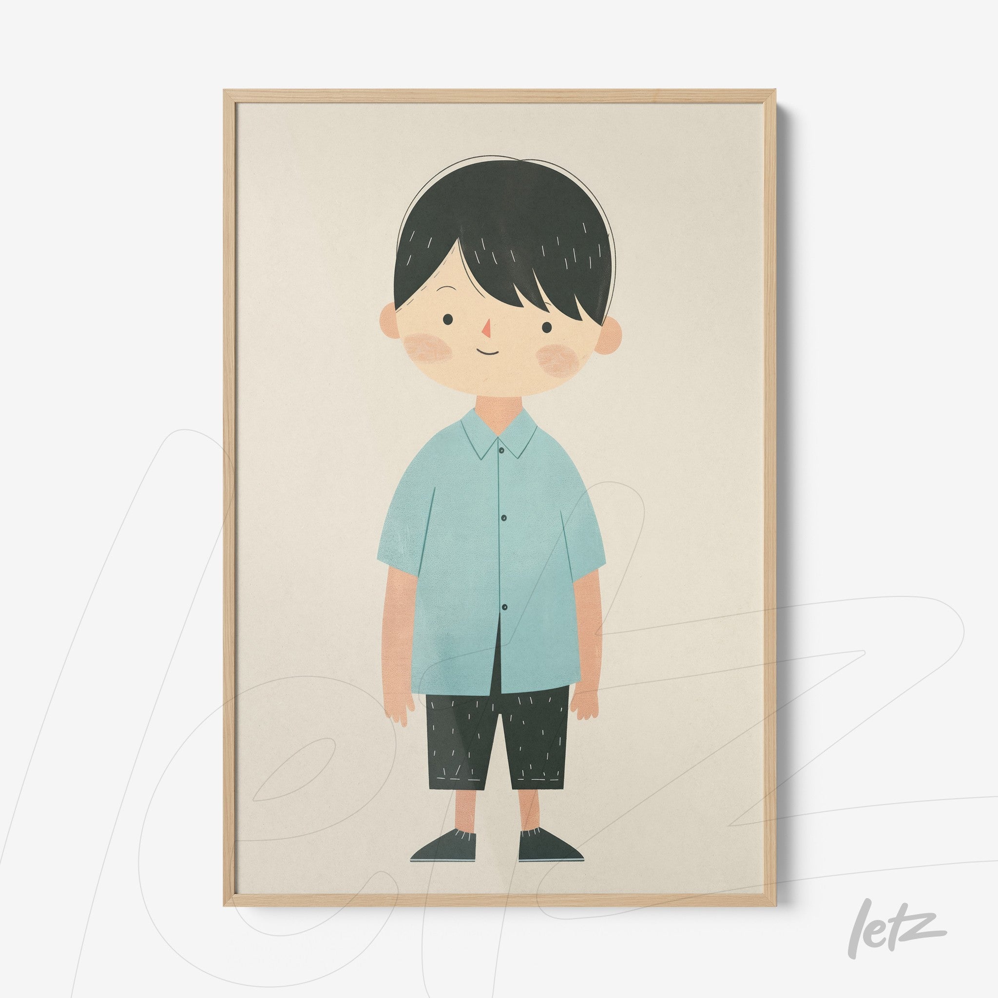 quadro com ilustração de menino sorridente em roupa azul e preto com moldura de madeira clara