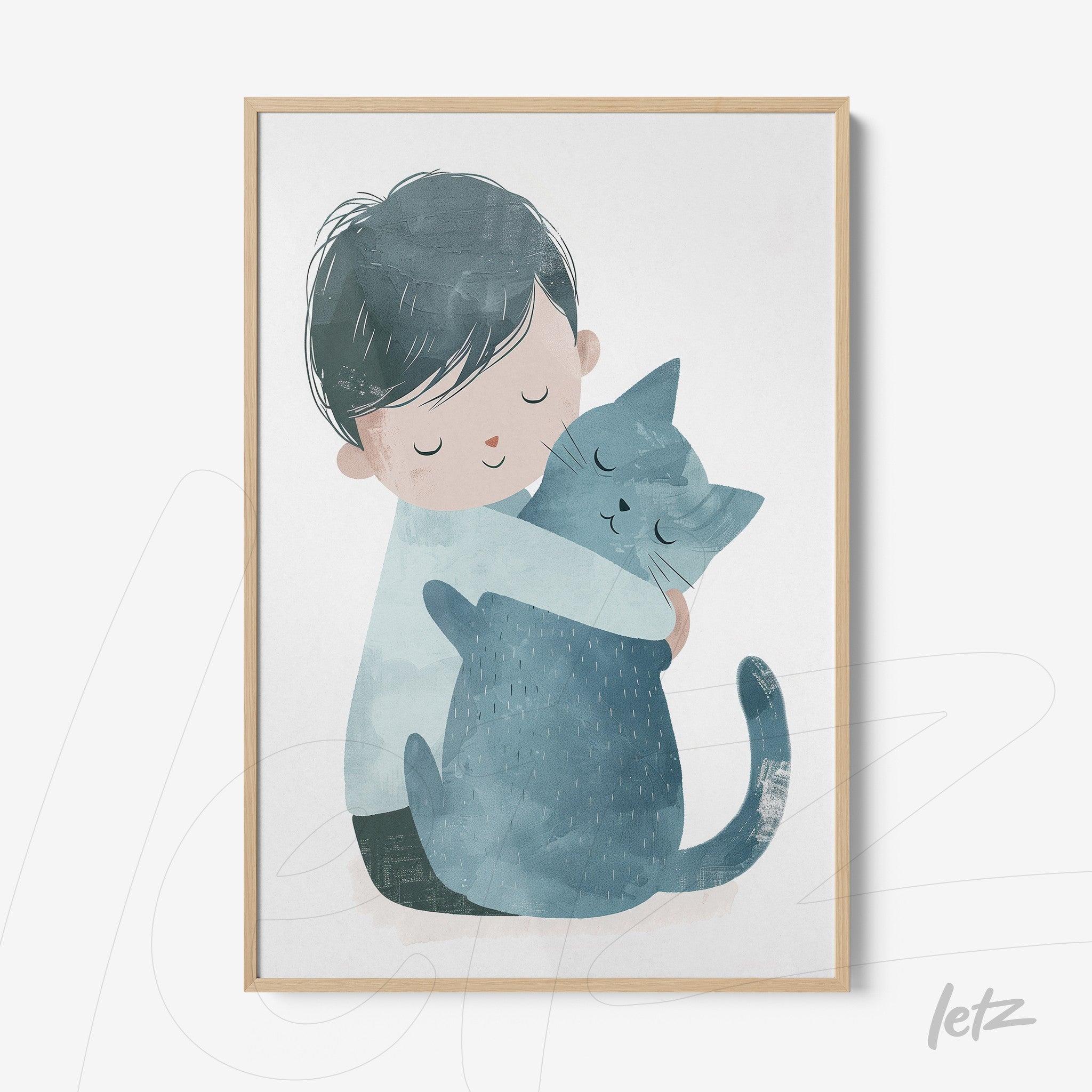 quadro com ilustração suave de menino abraçando um gato cinza em moldura clara