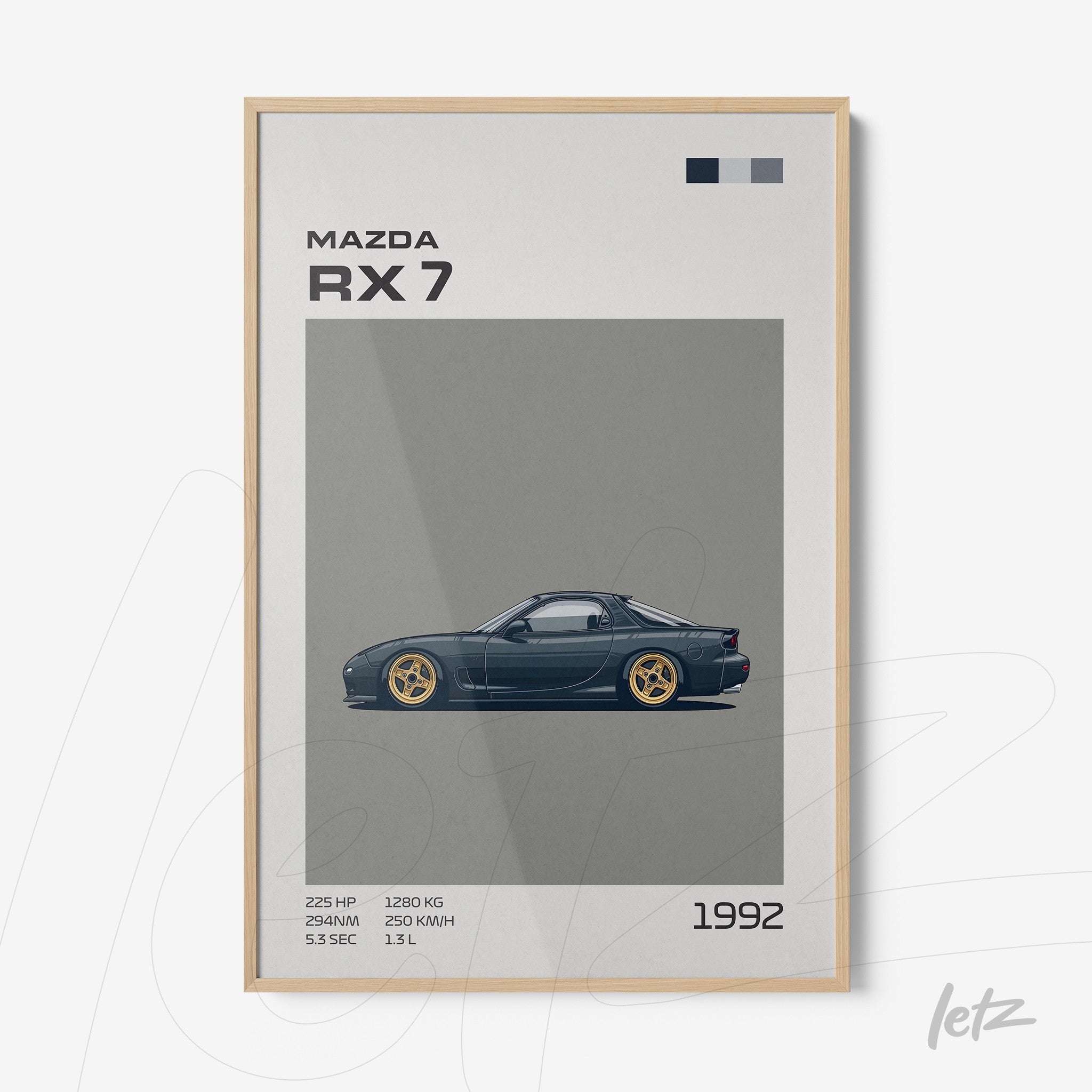 quadro com arte minimalista do carro Mazda RX-7 em moldura de madeira clara