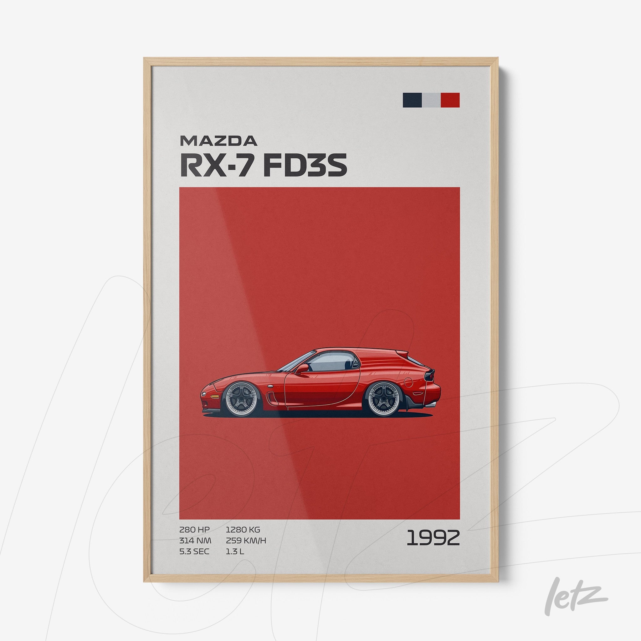 quadro com ilustração do carro Mazda RX-7 FD3S em fundo vermelho, moldura clara e informações técnicas ao lado