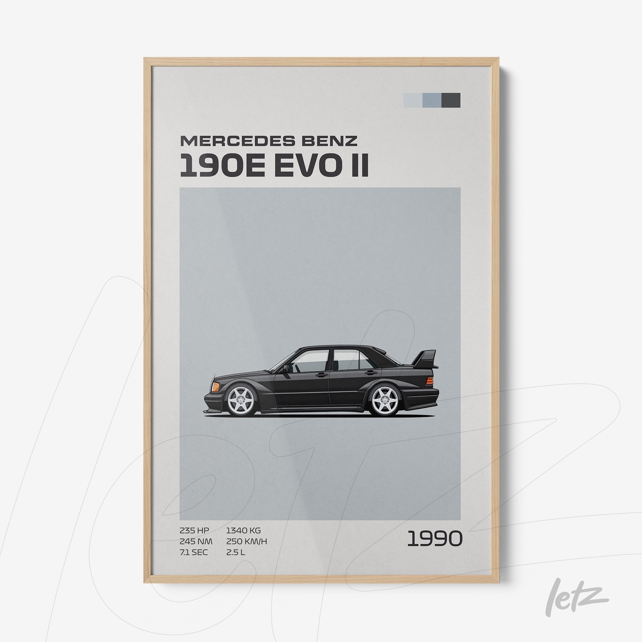 quadro em moldura de madeira clara com ilustração do carro Mercedes Benz 190E EVO II, fundo cinza e detalhes em texto