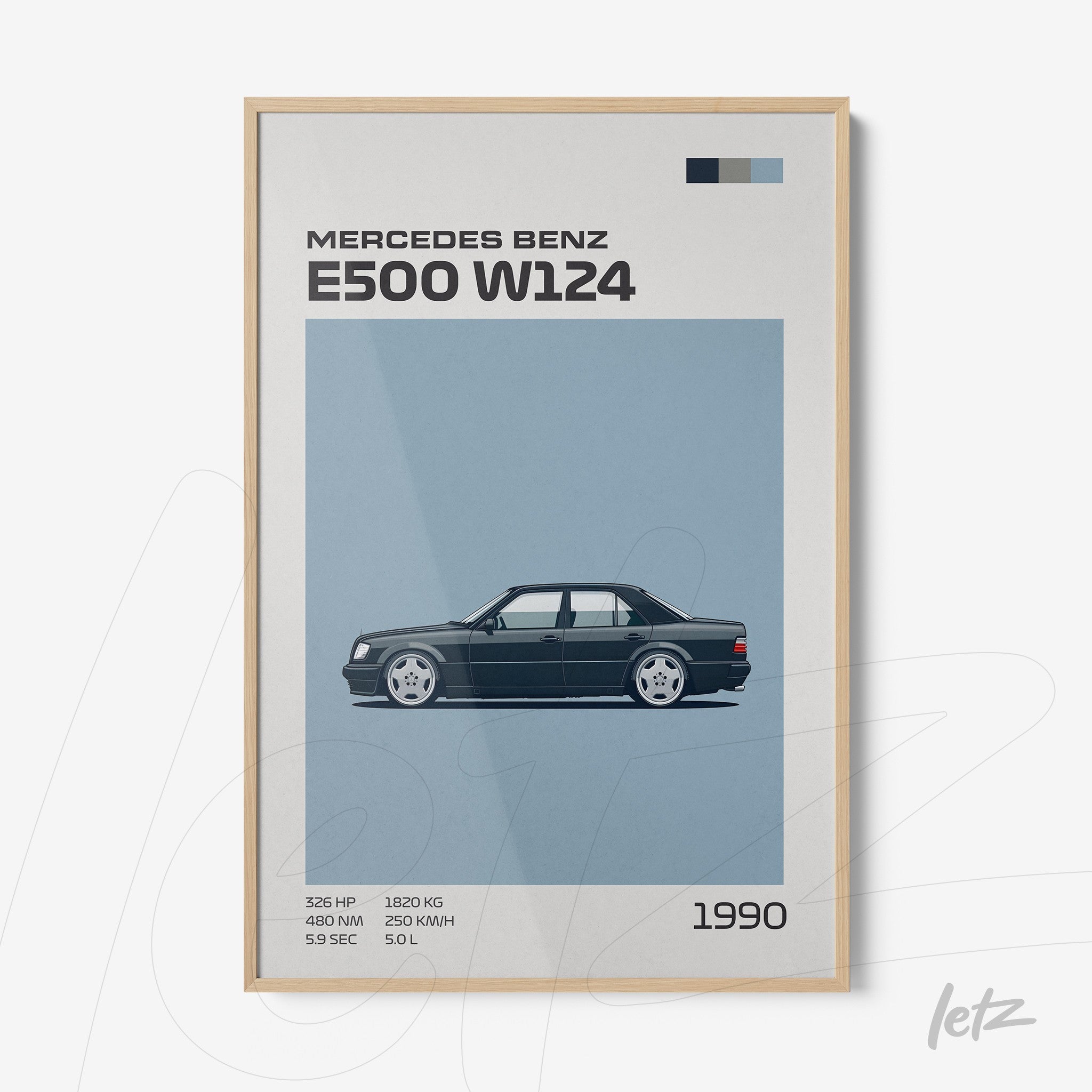 quadro com arte minimalista do carro Mercedes Benz E500 W124 em moldura de madeira clara