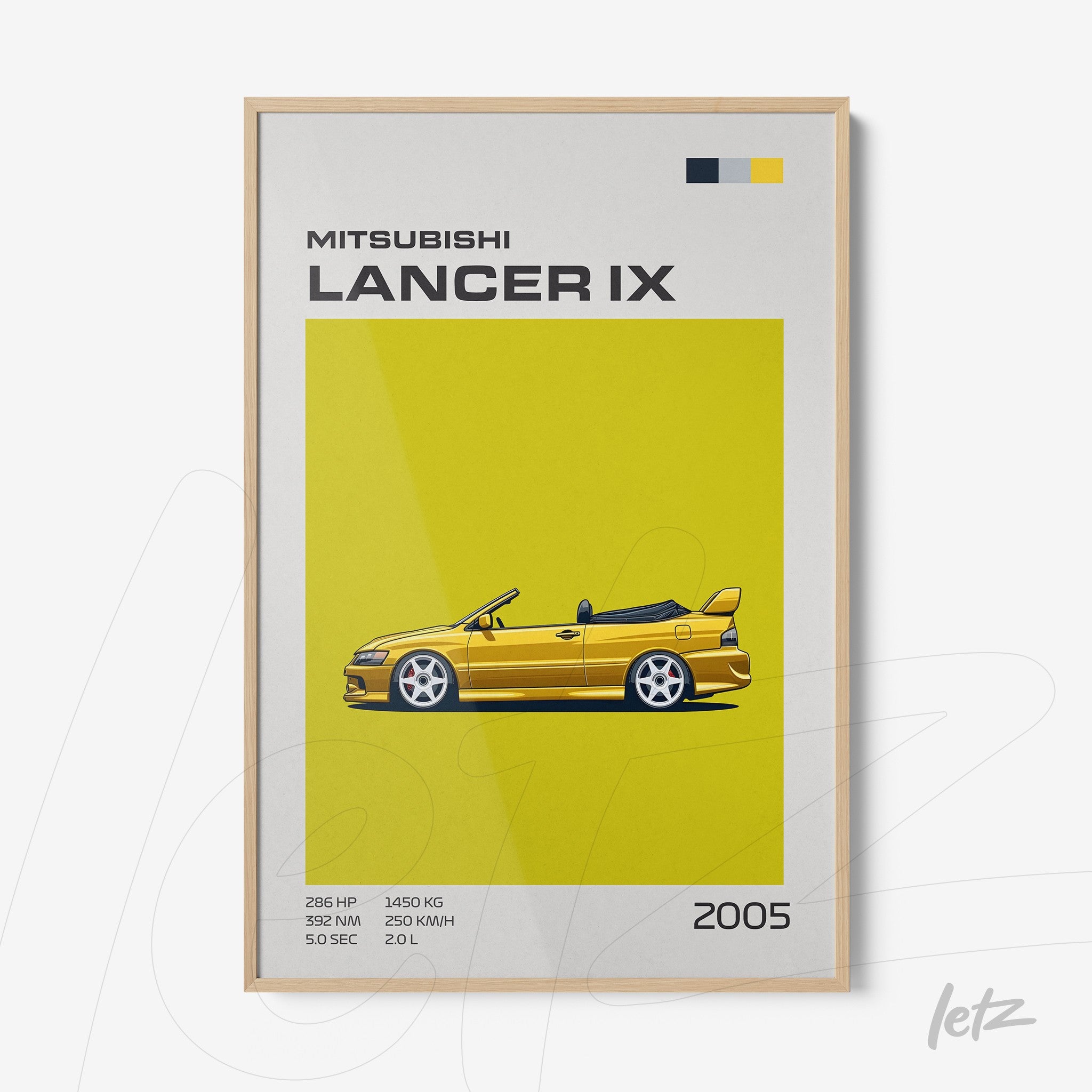 quadro com arte minimalista do Mitsubishi Lancer IX em fundo amarelo vibrante e moldura de madeira clara