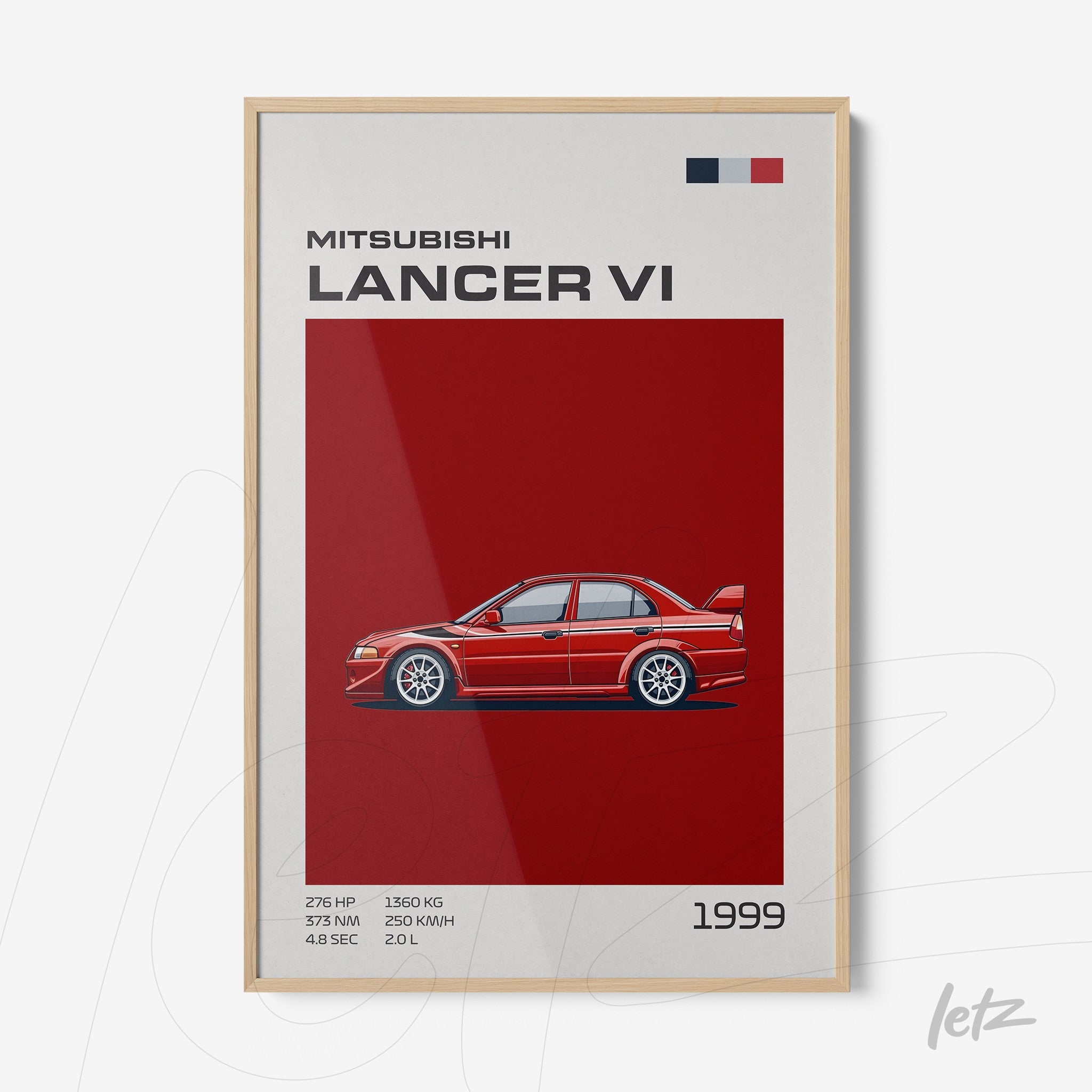 quadro com arte do Mitsubishi Lancer VI de 1999 em moldura de madeira clara