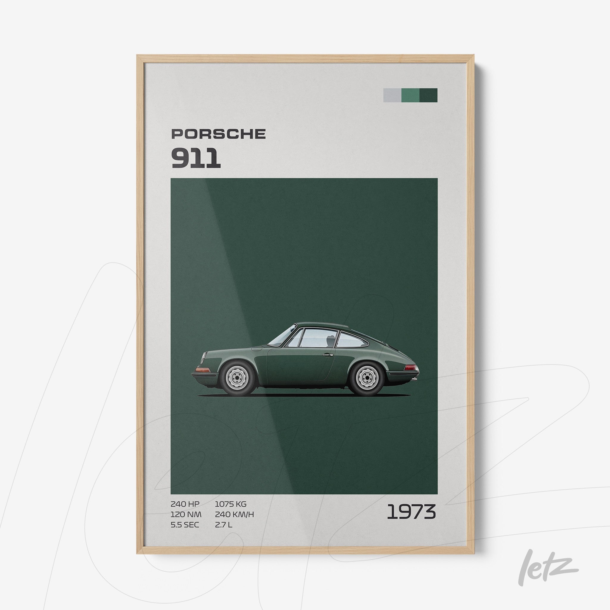 quadro com ilustração do carro Porsche 911 de 1973 em fundo verde, com moldura de madeira clara
