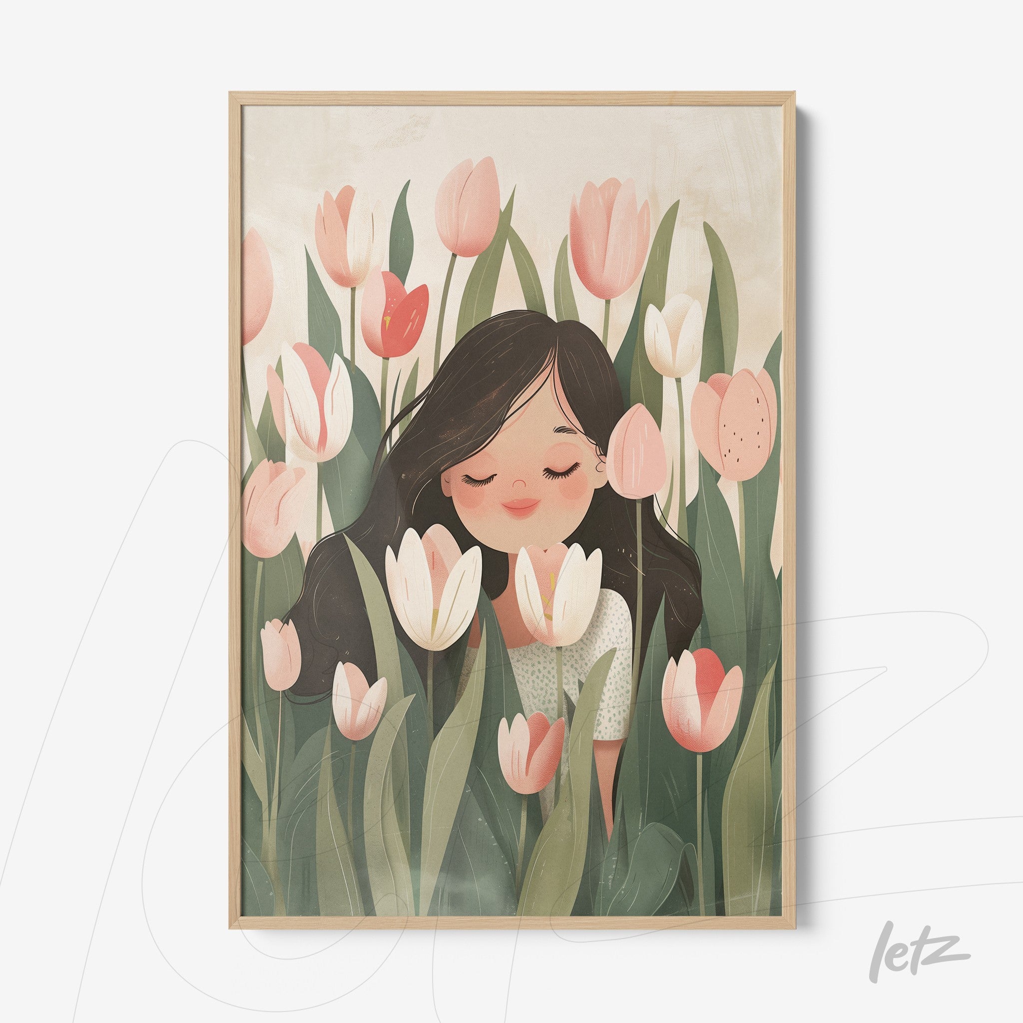 quadro com ilustração de uma mulher sorridente entre tulipas em moldura clara