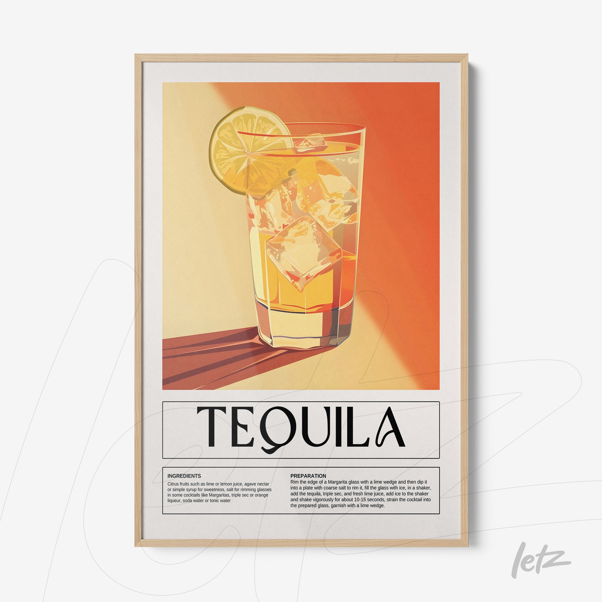 quadro com arte vintage de drink tequila em moldura clara com fundo laranja