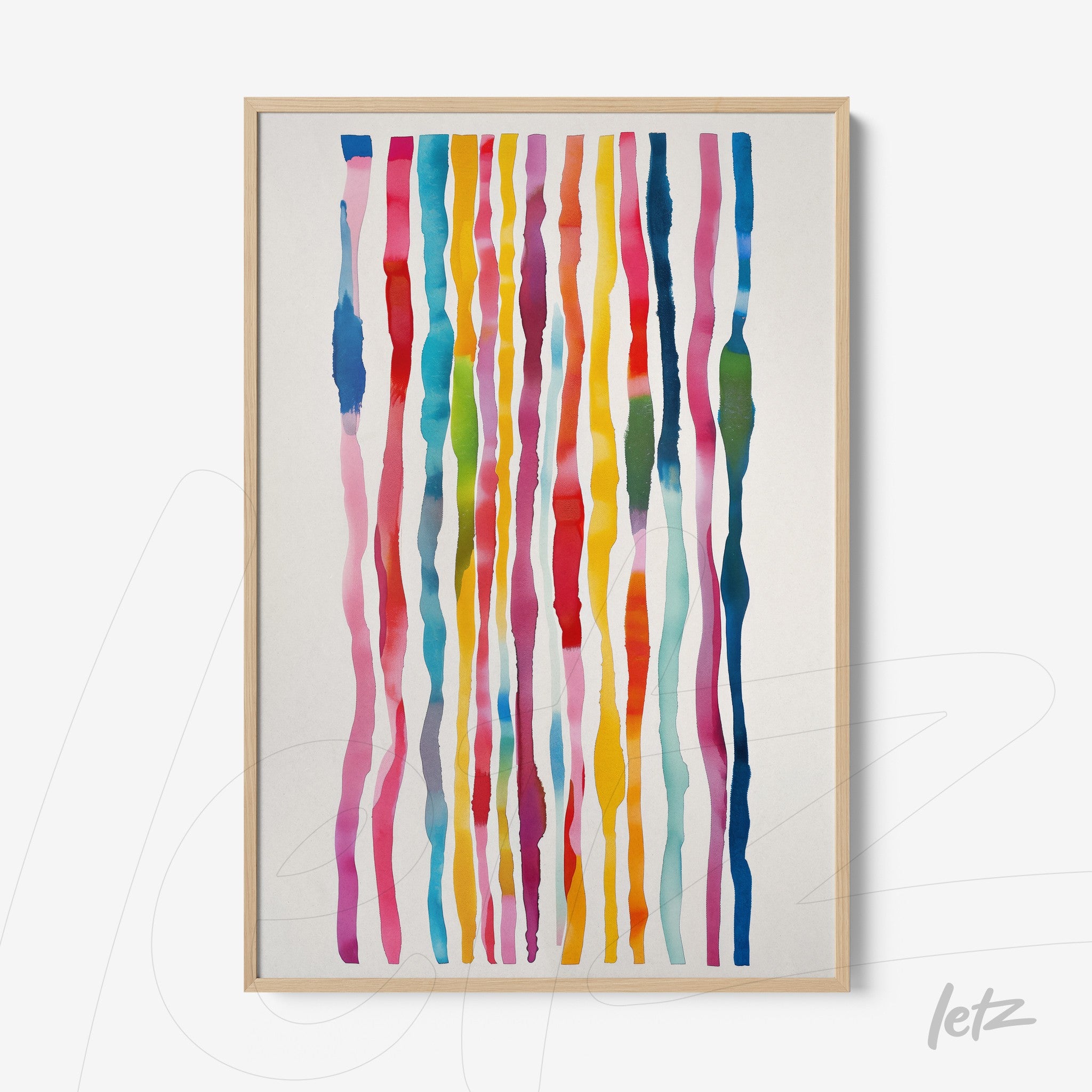 quadro com arte abstrata de linhas verticais coloridas em moldura clara