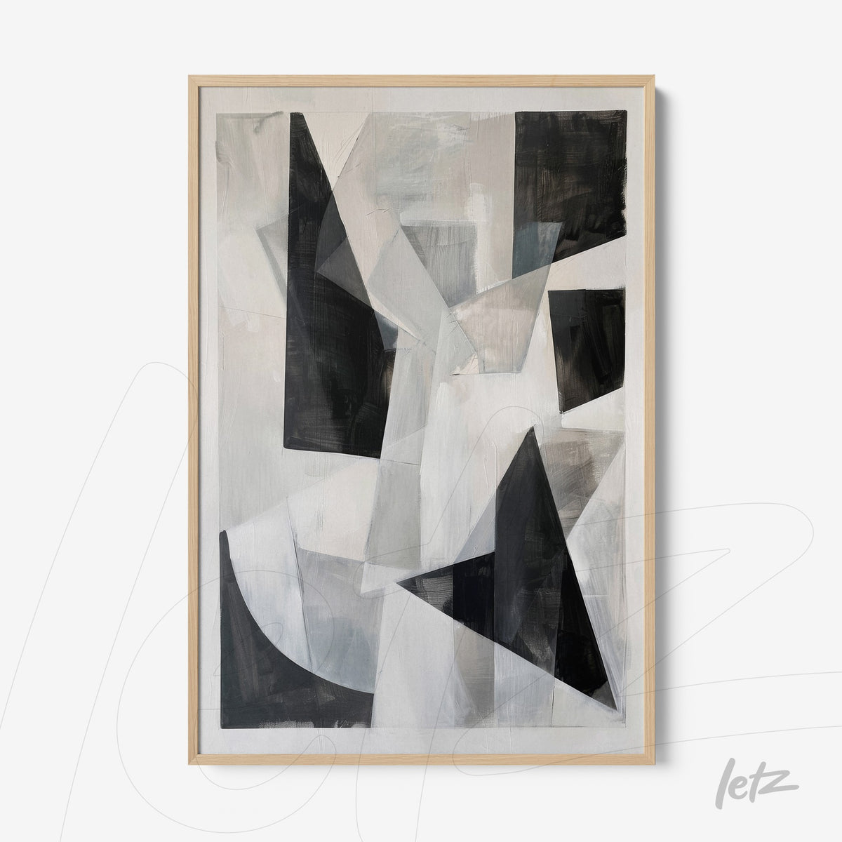 quadro abstrato em tons de preto, branco e cinza com moldura de madeira clara