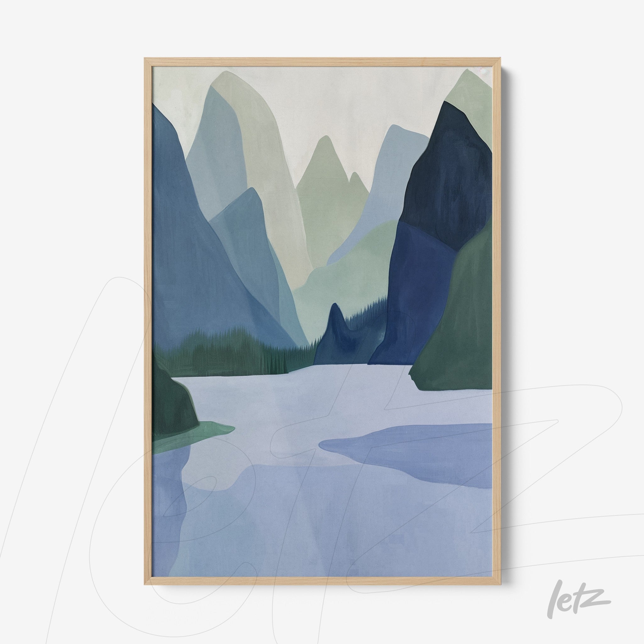 quadro com ilustração moderna de paisagem montanhosa em tons de azul e verde, com moldura de madeira clara