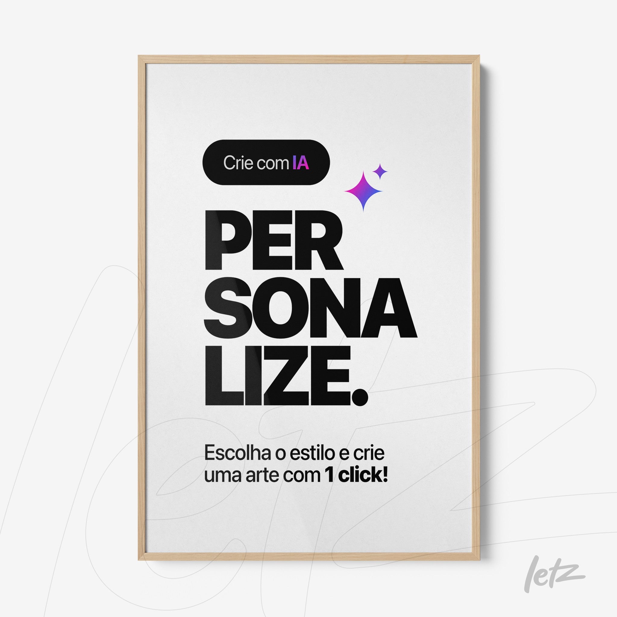 quadro com design moderno destacando a palavra personalize em letras grandes e negrito, em moldura de madeira clara com fundo branco
