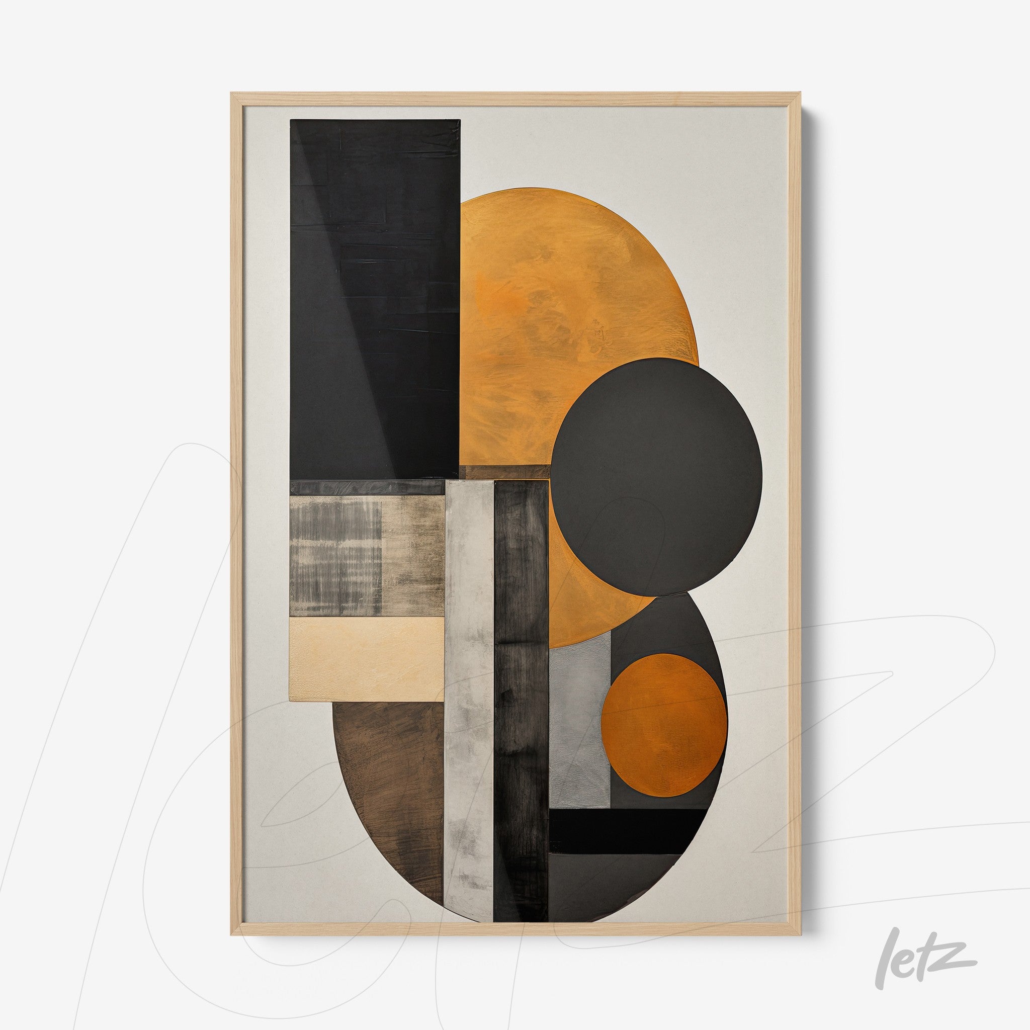 quadro com arte abstrata em tons de preto, laranja e cinza em moldura clara