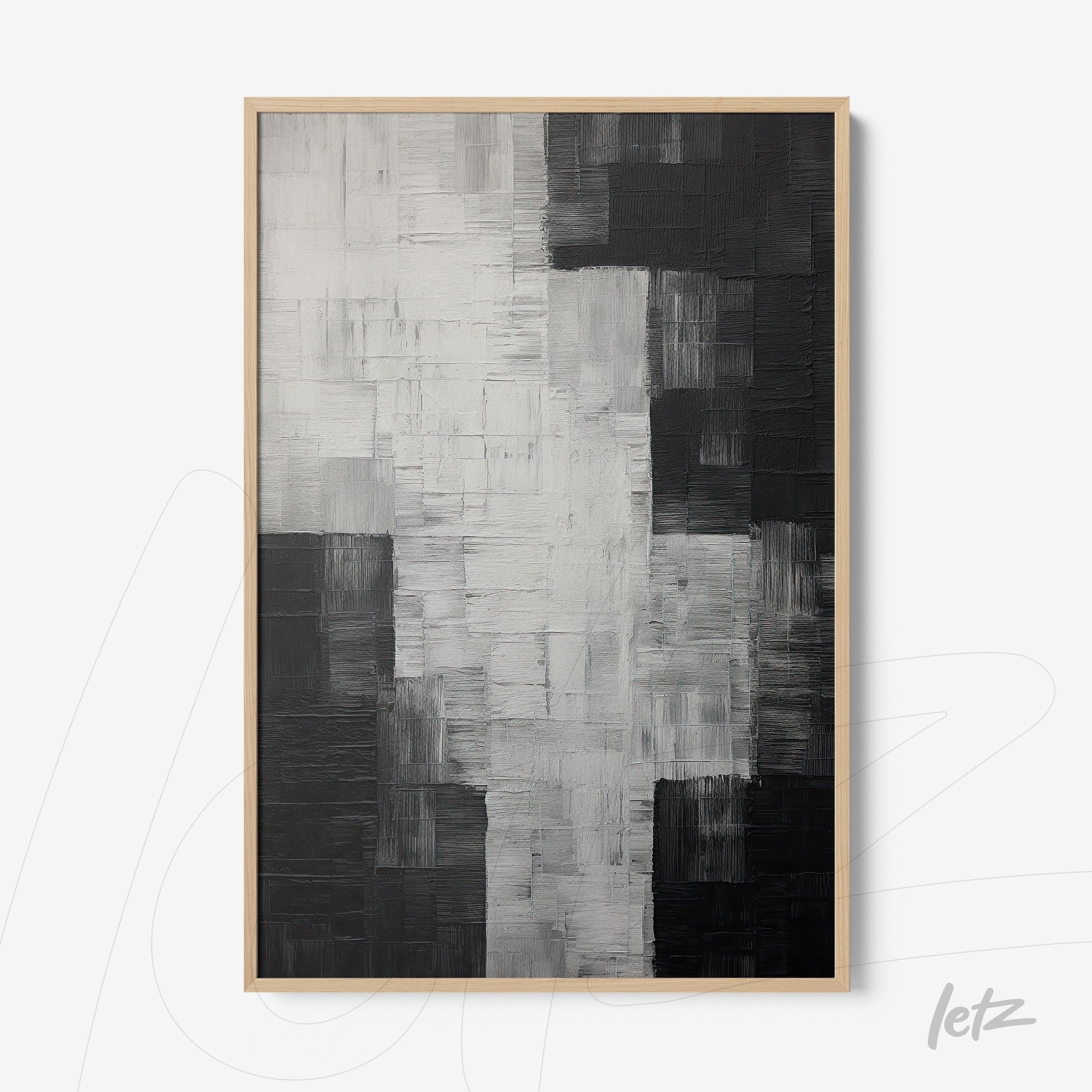 quadro abstracto em preto e branco com textura acentuada em moldura de madeira clara