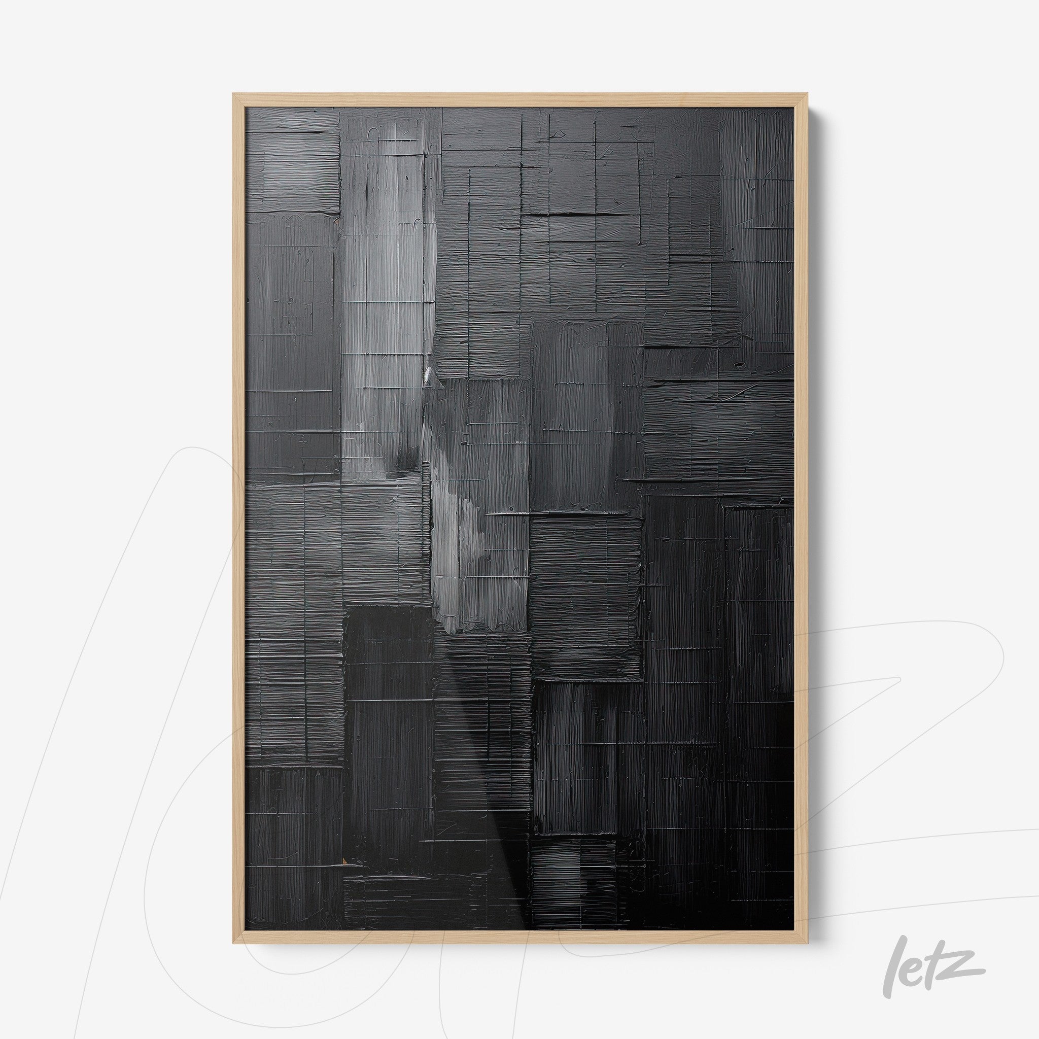 quadro com arte abstrata em tons de preto e cinza com moldura clara