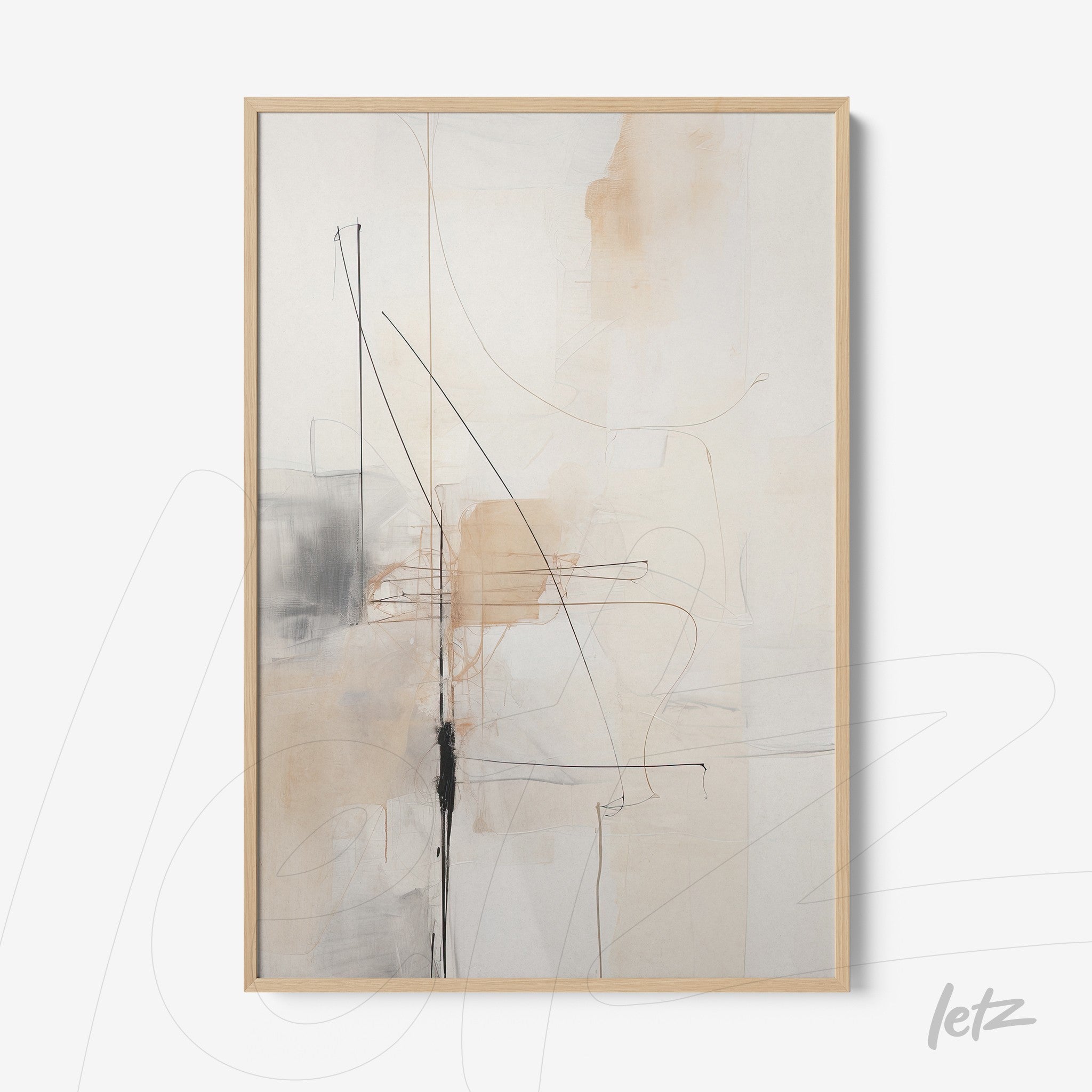 quadro abstrato com formas geométricas em tons neutros e linhas pretas, em moldura de madeira clara