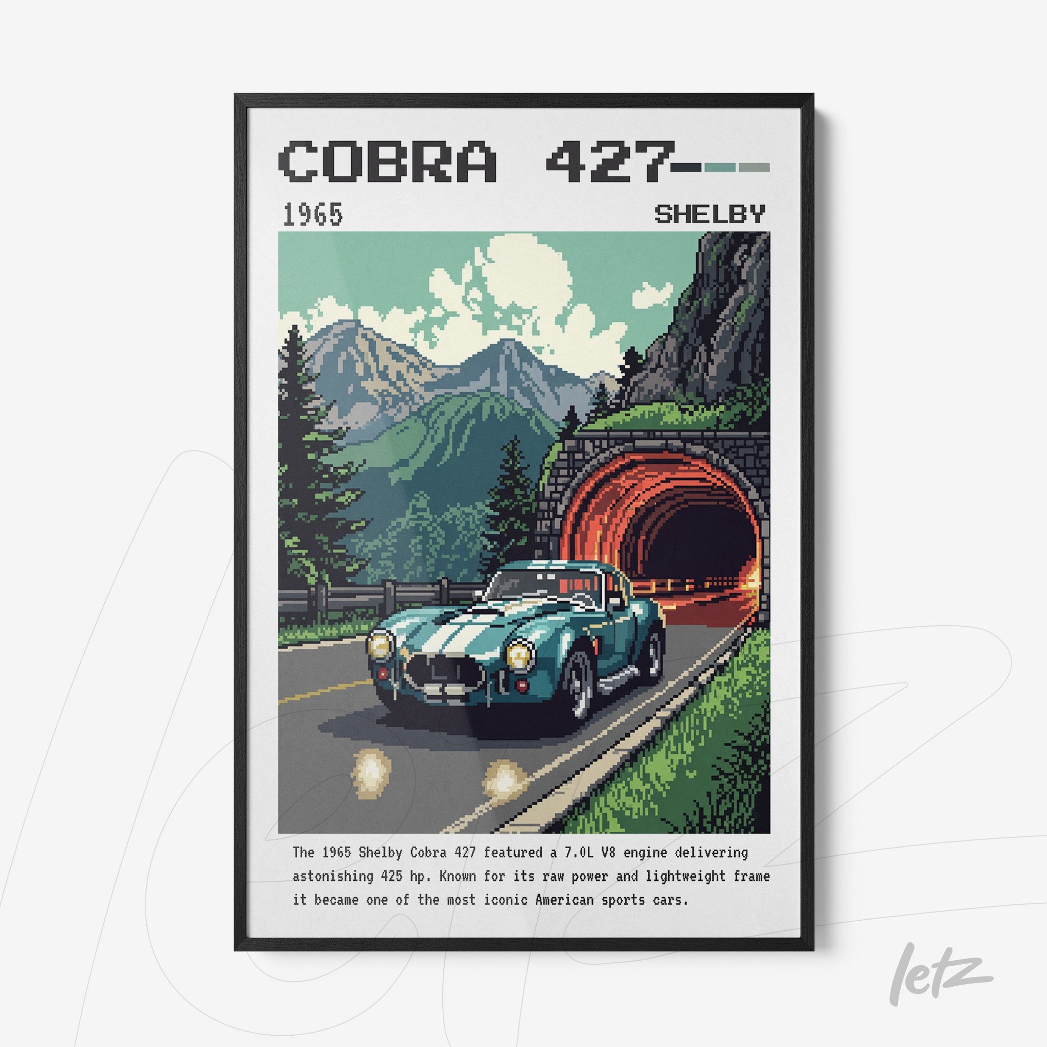 quadro com arte em pixel art do carro Shelby Cobra 427 em uma estrada montanhosa com túnel