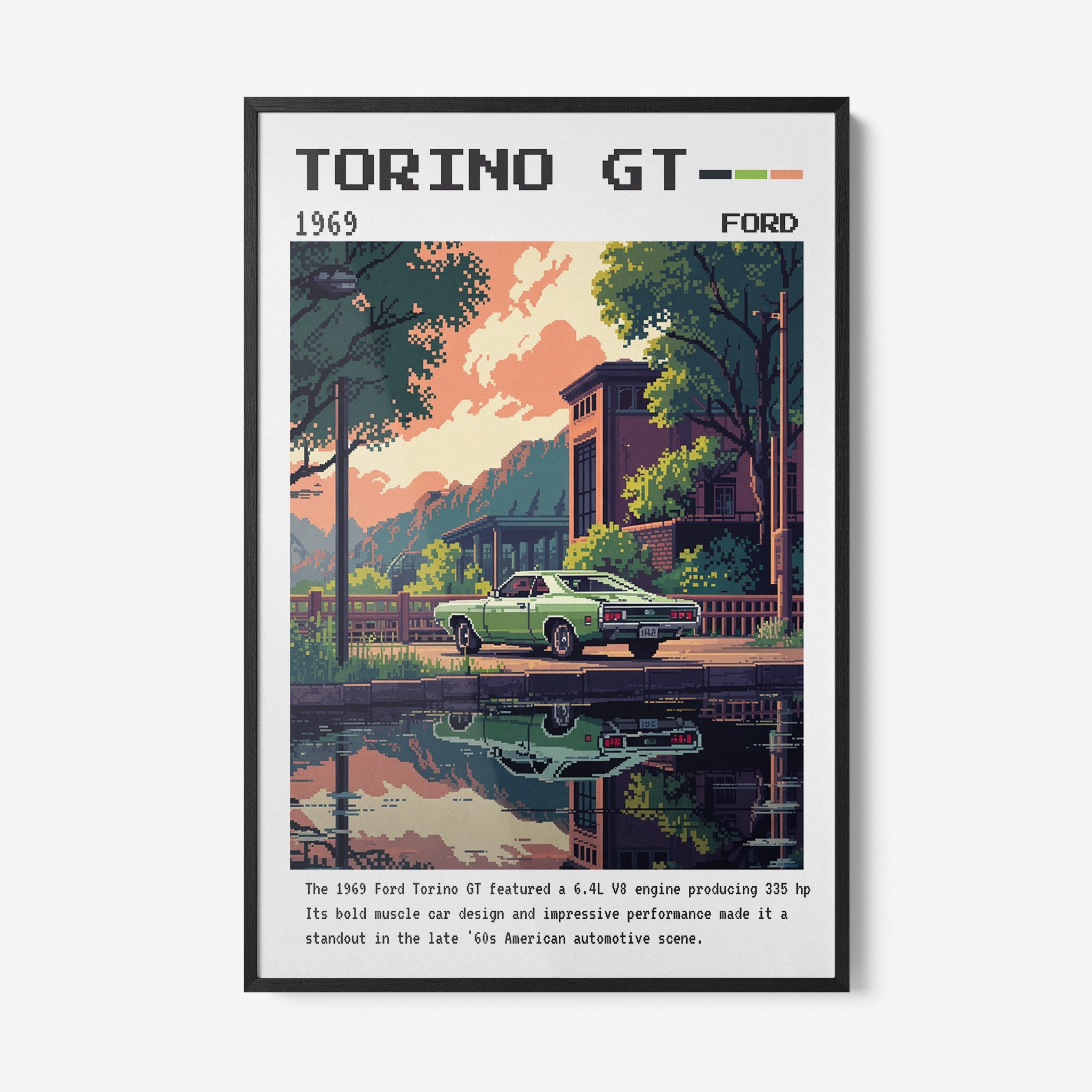 quadro com arte digital do carro Ford Torino GT de 1969 em moldura preta fina, com fundo de paisagem refletida na água