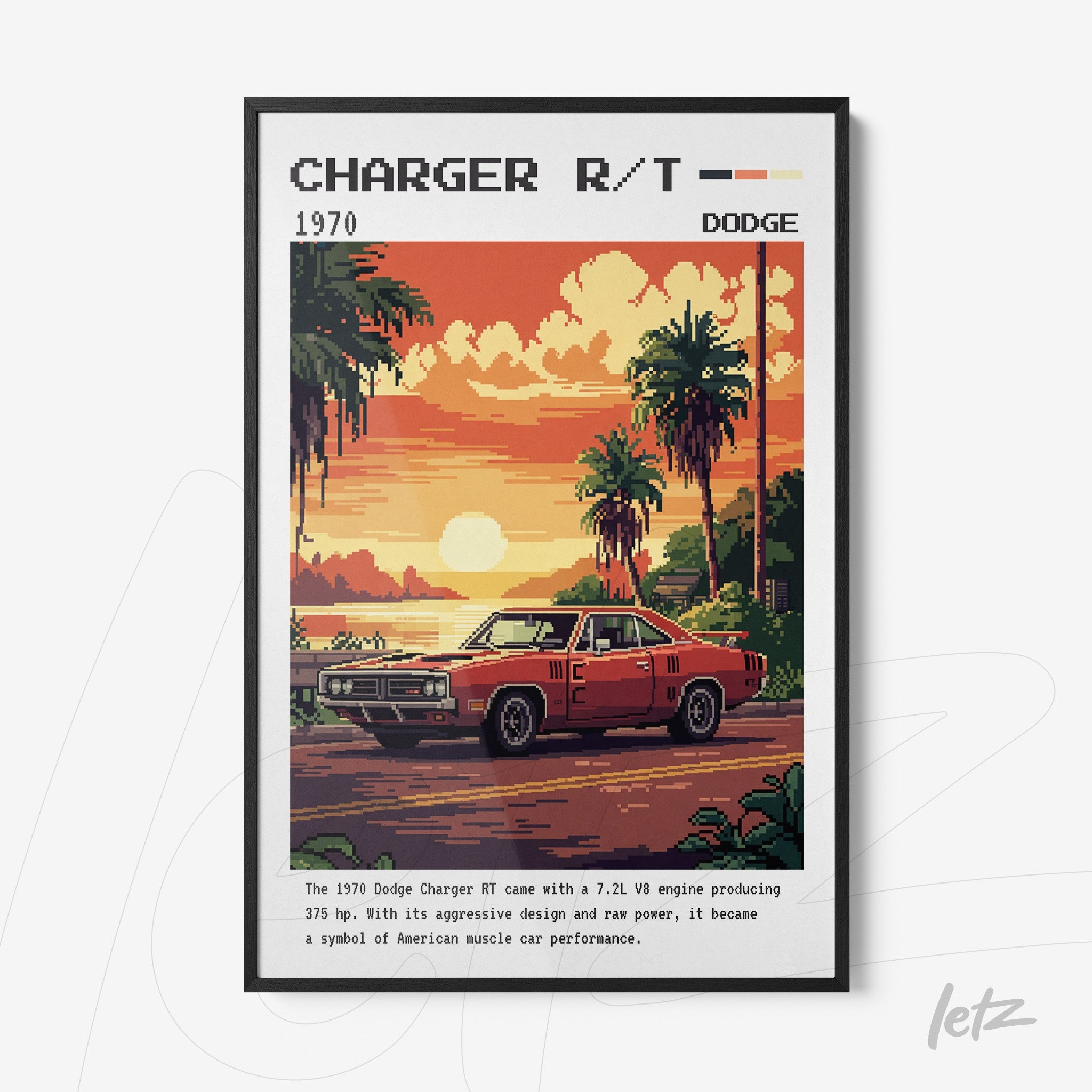 quadro com arte retrô do Dodge Charger R/T 1970 em moldura preta