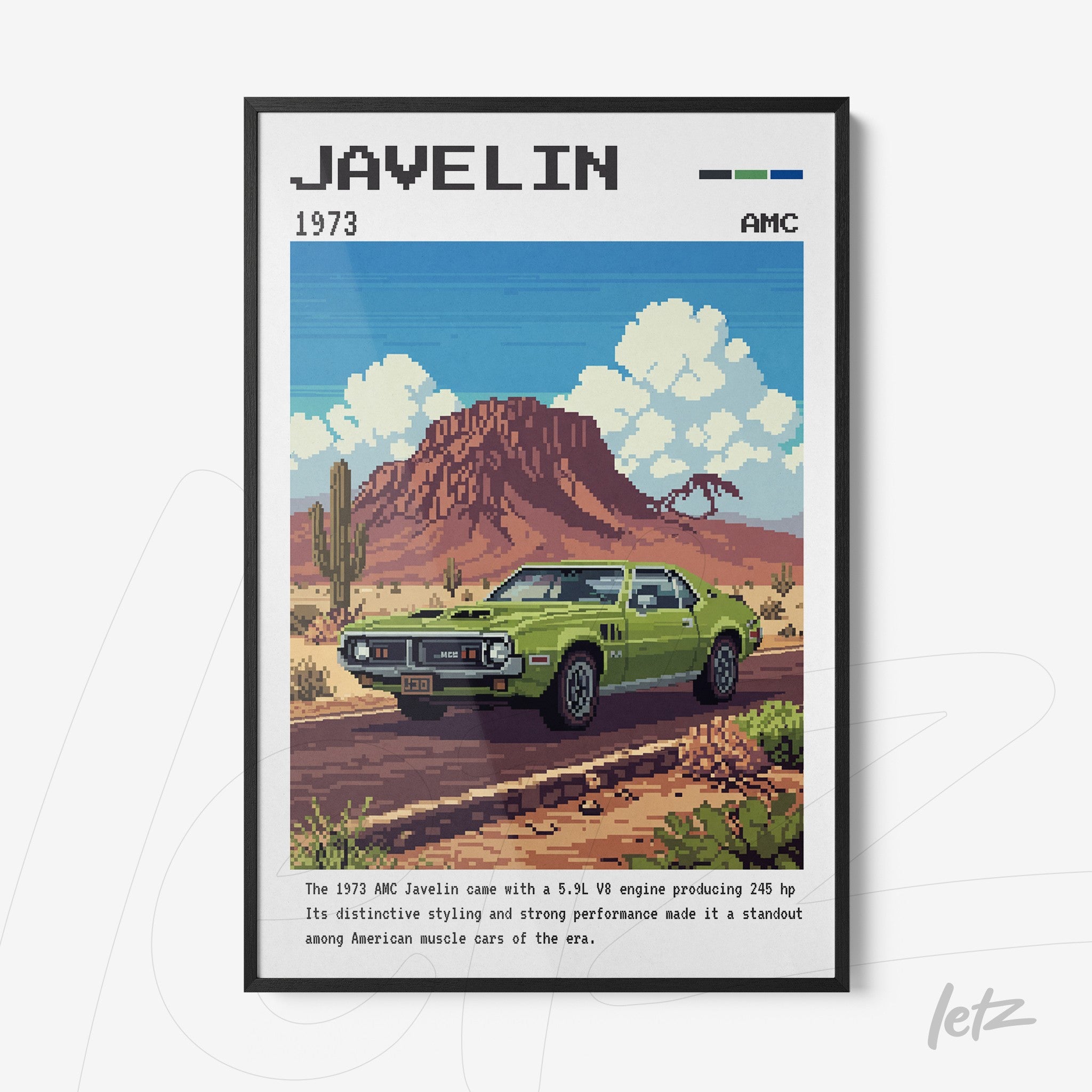 quadro com arte pixelada de um carro Javelin 1973 em um cenário deserto