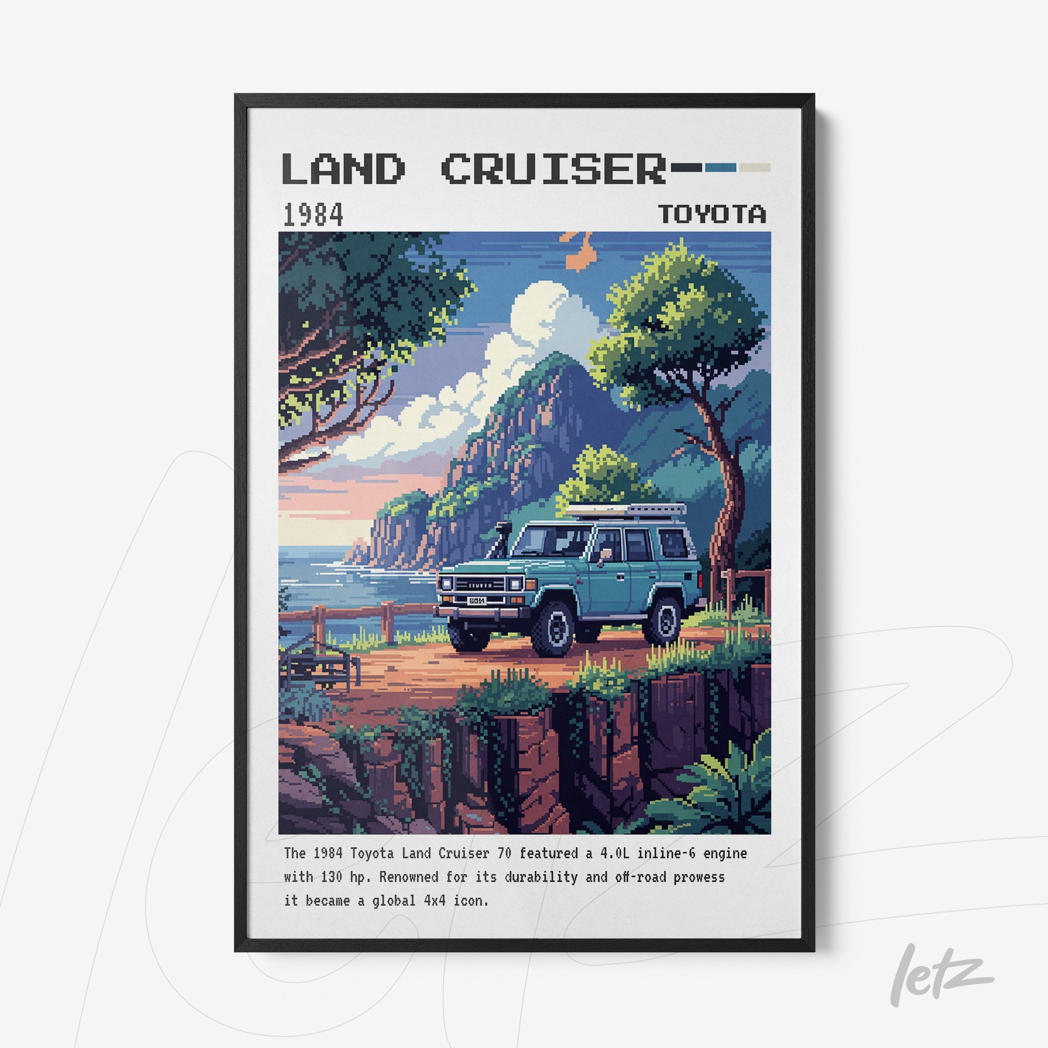 quadro com arte pixelada do Toyota Land Cruiser 1984 em moldura preta, destacando a paisagem de montanhas e mar