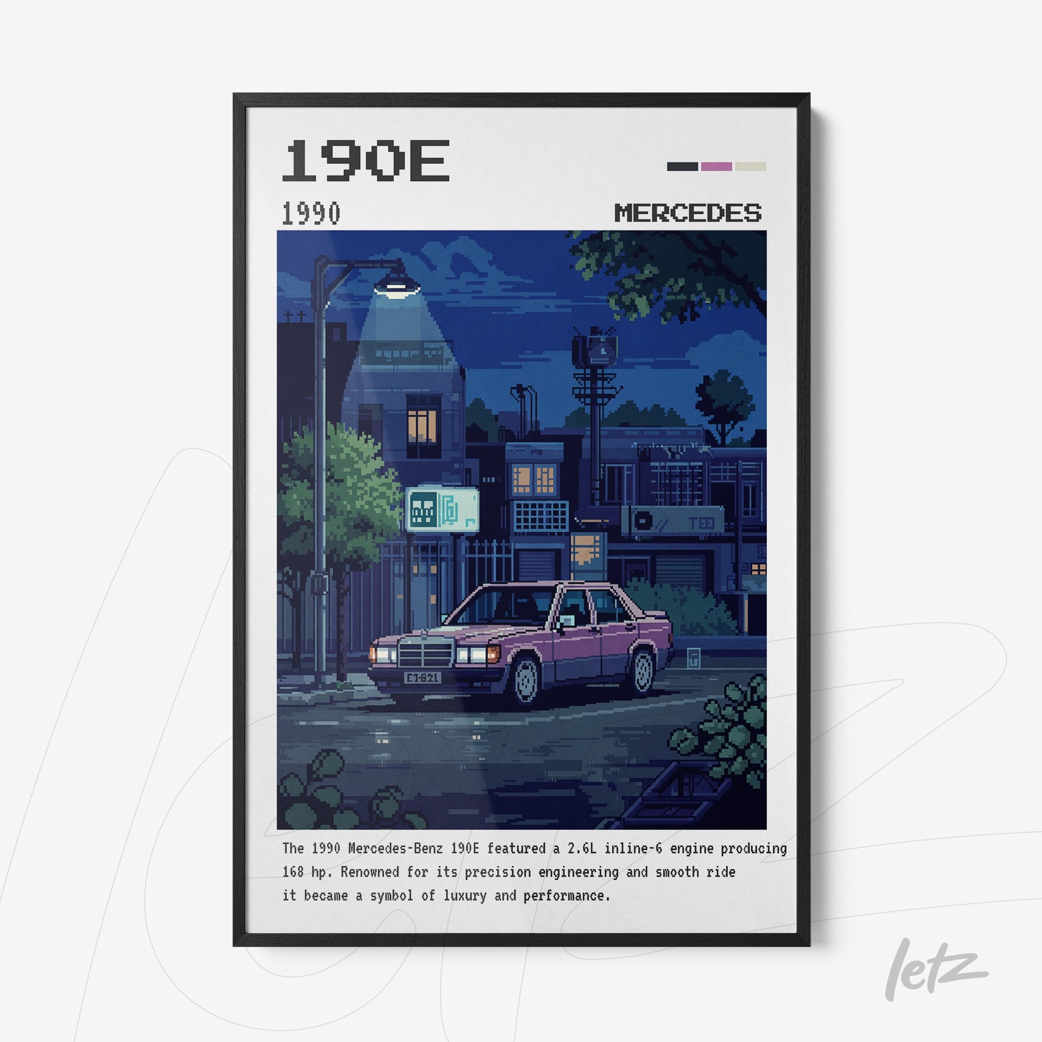 quadro com arte pixelada de um carro Mercedes-Benz 190E em um cenário urbano noturno, moldura preta
