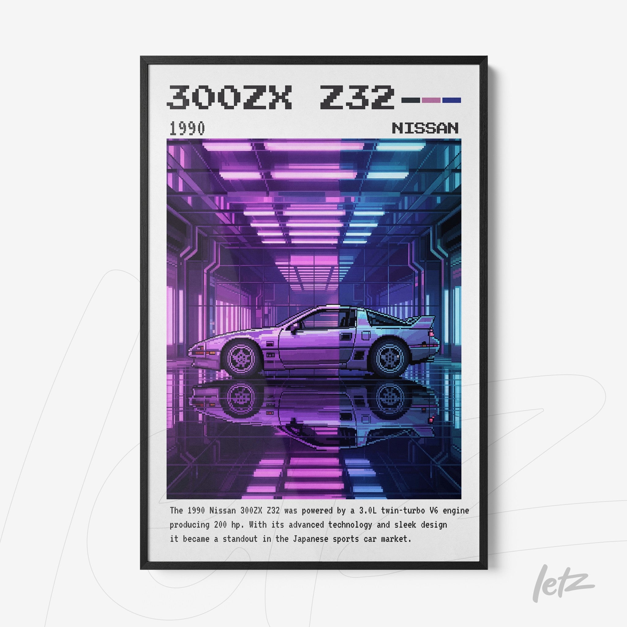 quadro com arte digital do carro Nissan 300ZX Z32 em estilo retro-futurista com fundo neon