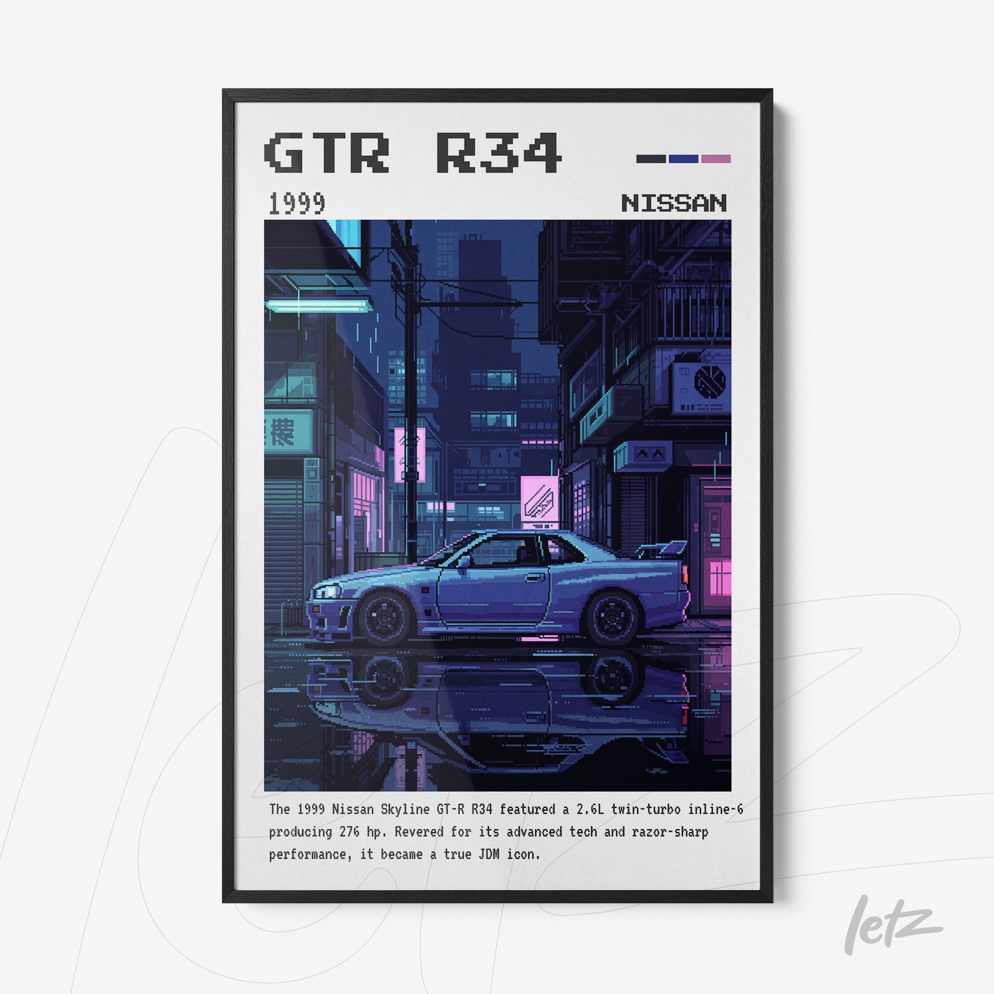 quadro com arte digital de carro GTR R34 destacado em uma cidade futurista à noite em moldura preta